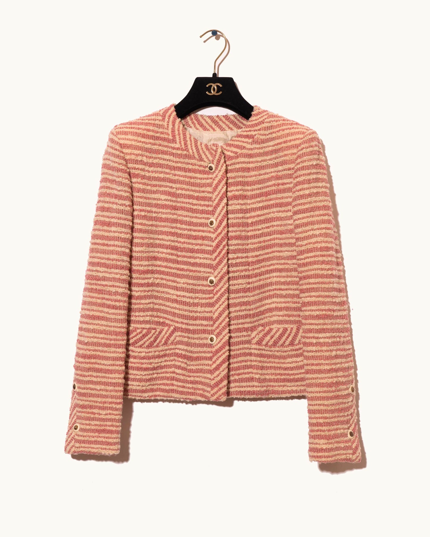 FR38-40 Chanel Creations 1970s Two Pocket Collarless Striped Tweed Jacket - Vintage Chanel Jacket - - Rarchive.