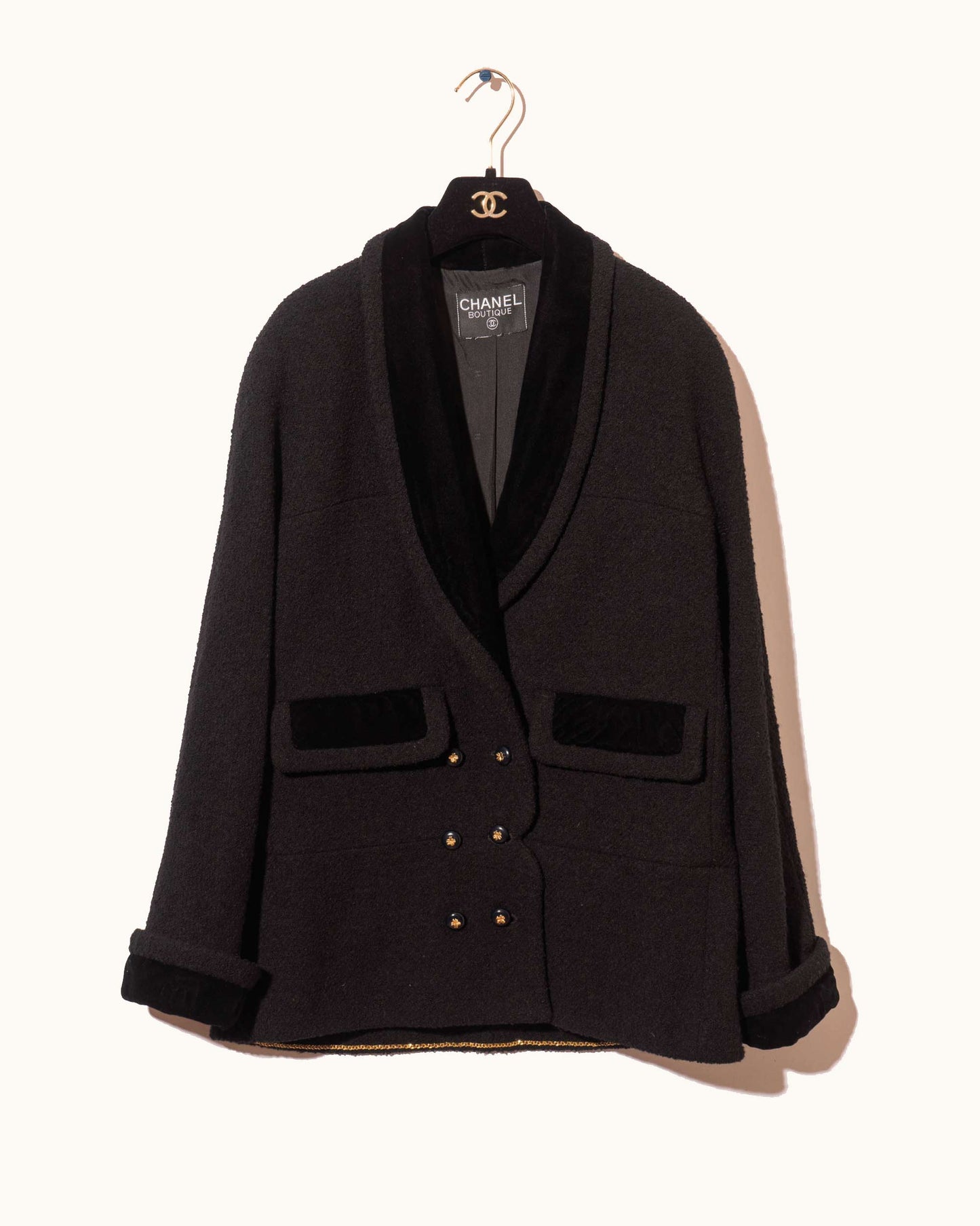 FR38-40 Chanel 1980s Two Pocket Double Breasted Wool and Velvet Jacket - Vintage Chanel Jacket - - Rarchive.
