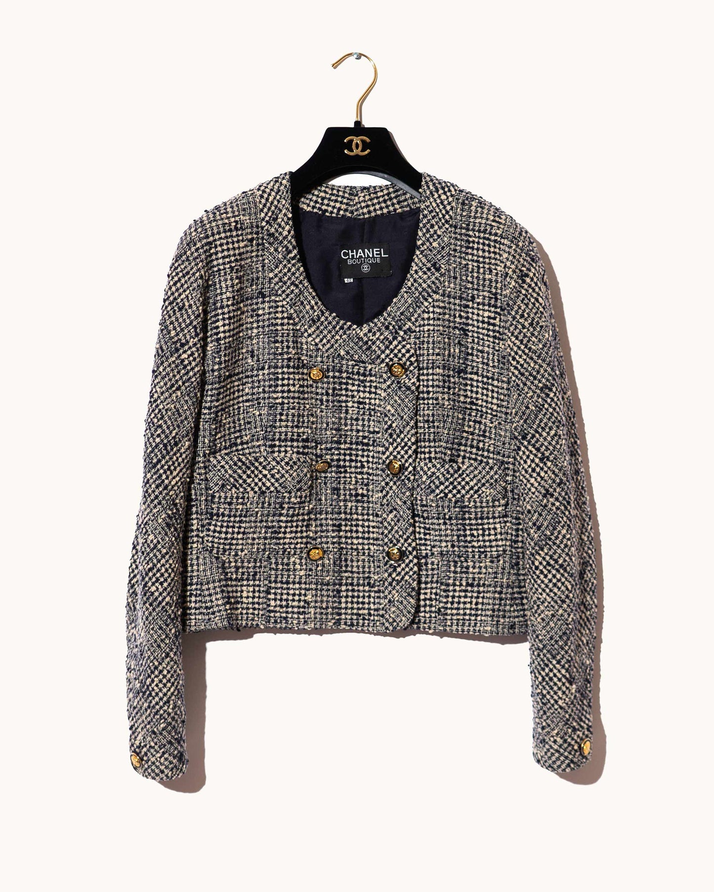 FR40-42 Chanel Fall 1988 Double Breasted Cropped Navy and White Tweed Jacket - Vintage Chanel Jacket - - Rarchive.