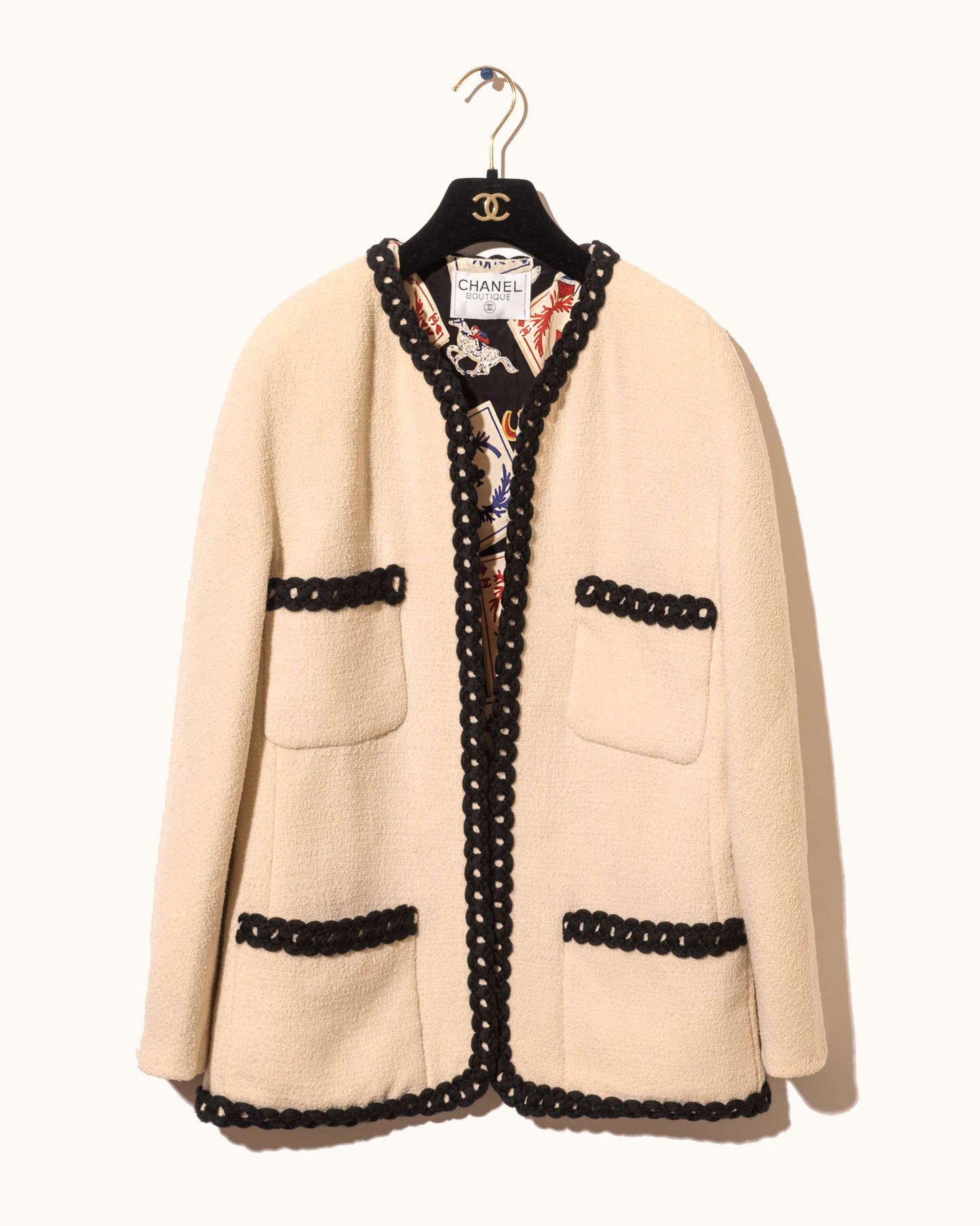 FR40-42 Rare Chanel Spring 1991 Collarless Four Pocket Pocket Cards Lining Jacket - Vintage Chanel Jacket - - Rarchive.