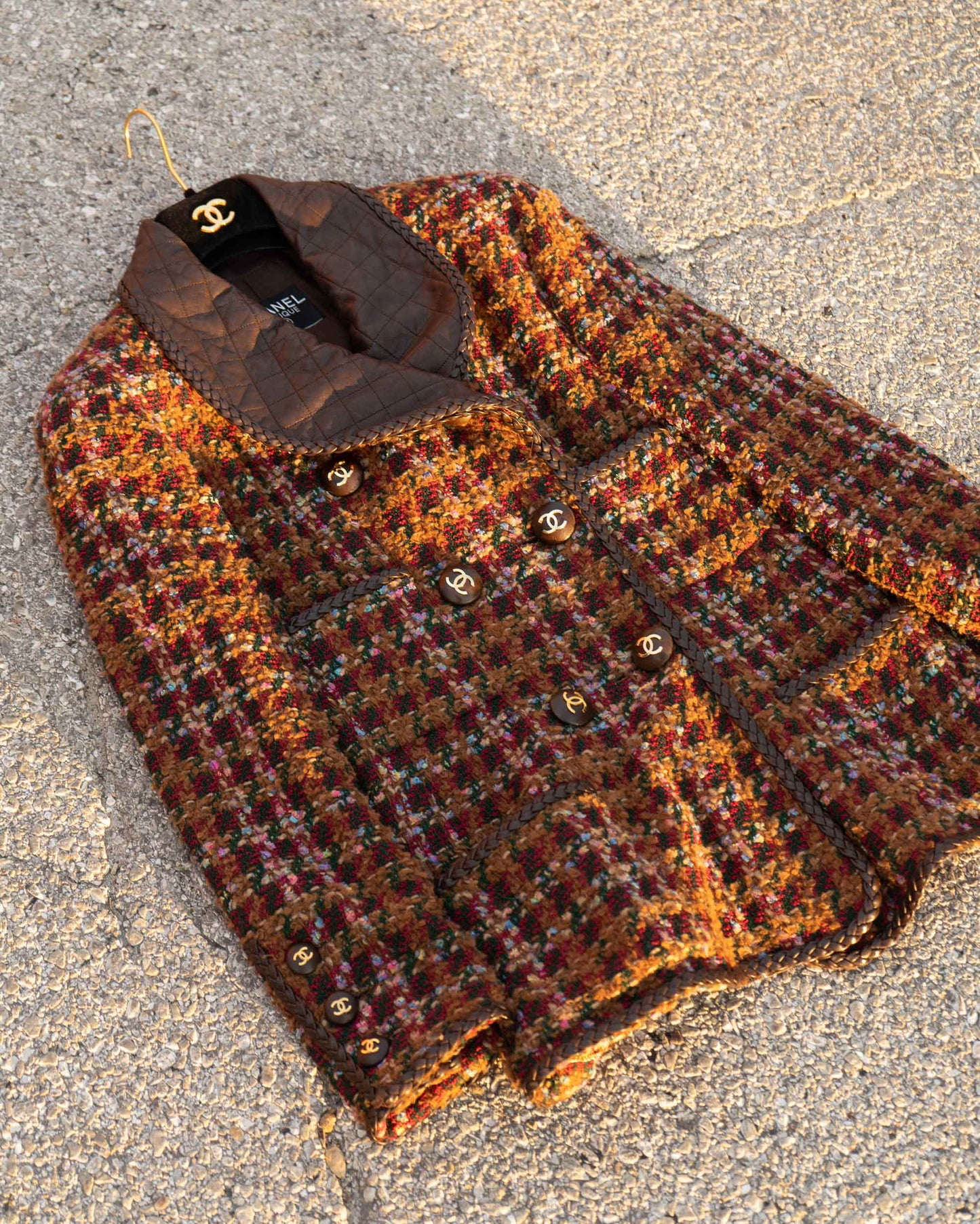 FR40-42 Rare Chanel Fall 1992 Double Breasted Four Pocket Leather Detailing Fantasy Tweed Jacket - Vintage Chanel Jacket - Jacket - Rarchive.