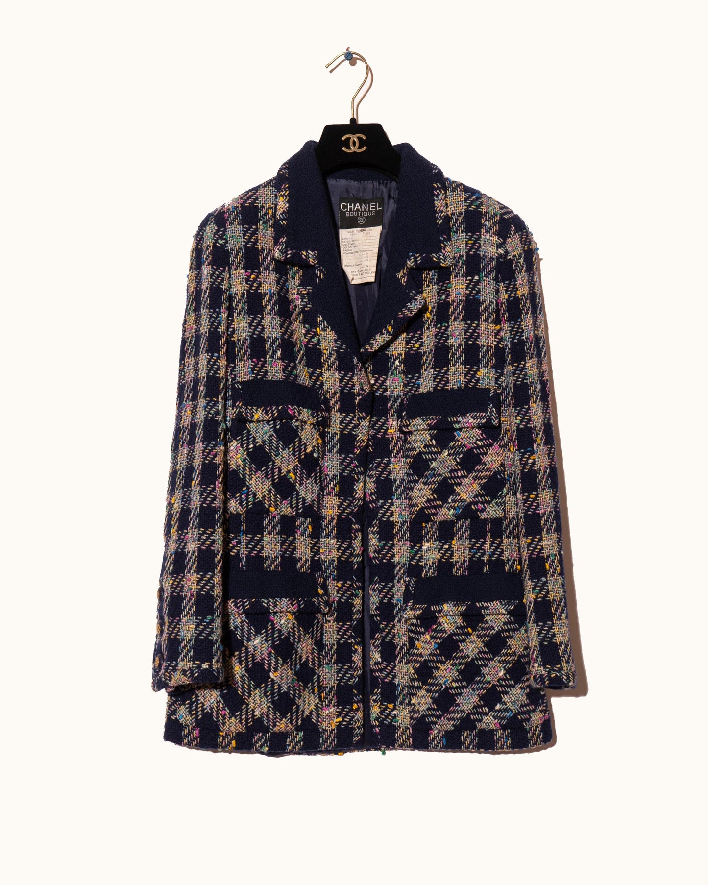 FR40-42 Rare Chanel Spring 1993 Four Pocket Navy Base with Multicolor Thread Tweed Jacket - Vintage Chanel Jacket - Jacket - Rarchive.