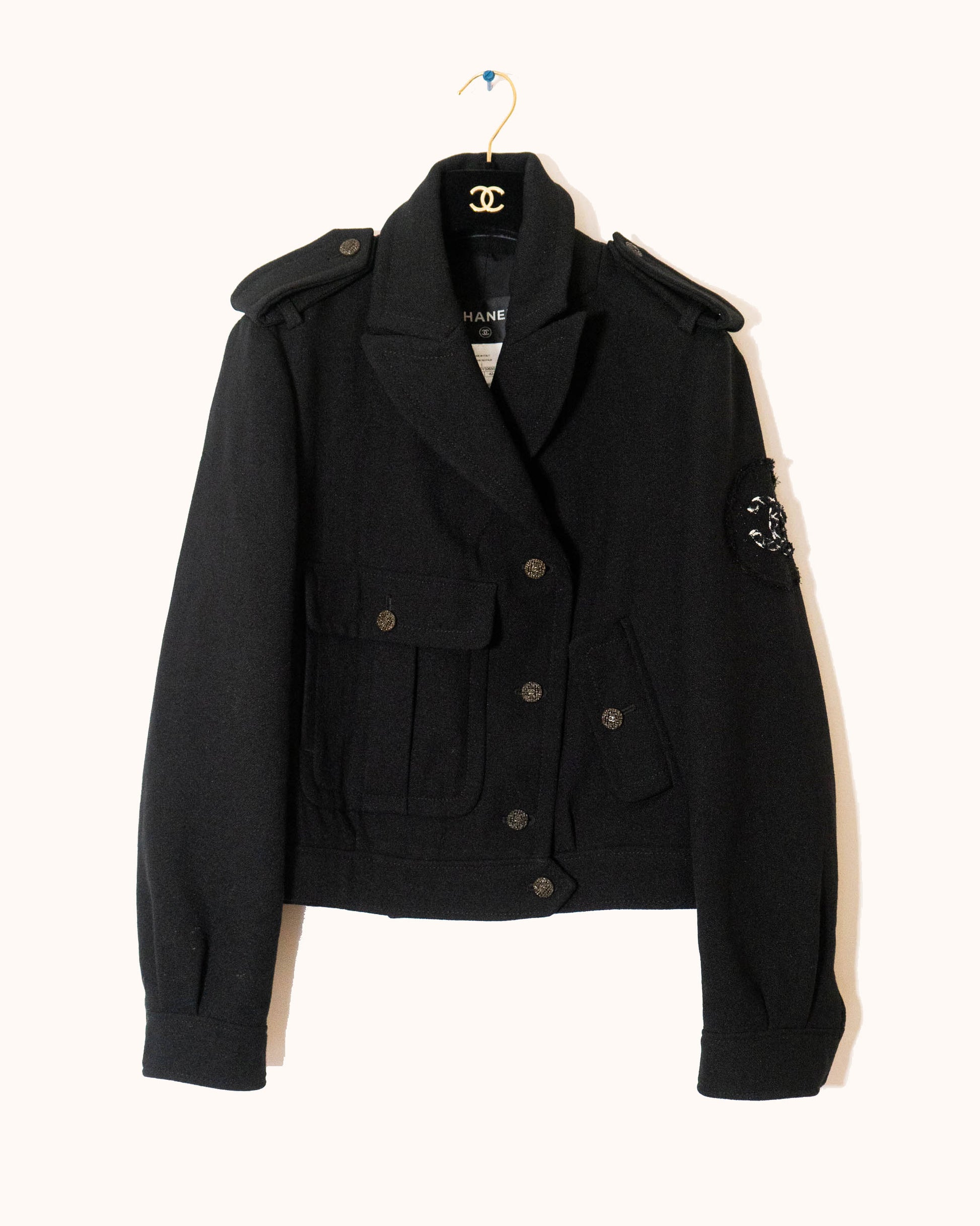 FR42-44 Chanel Fall 2012 CC Logo Patch Black Wool Bomber Jacket - Vintage Chanel Jacket -   - Rarchive.