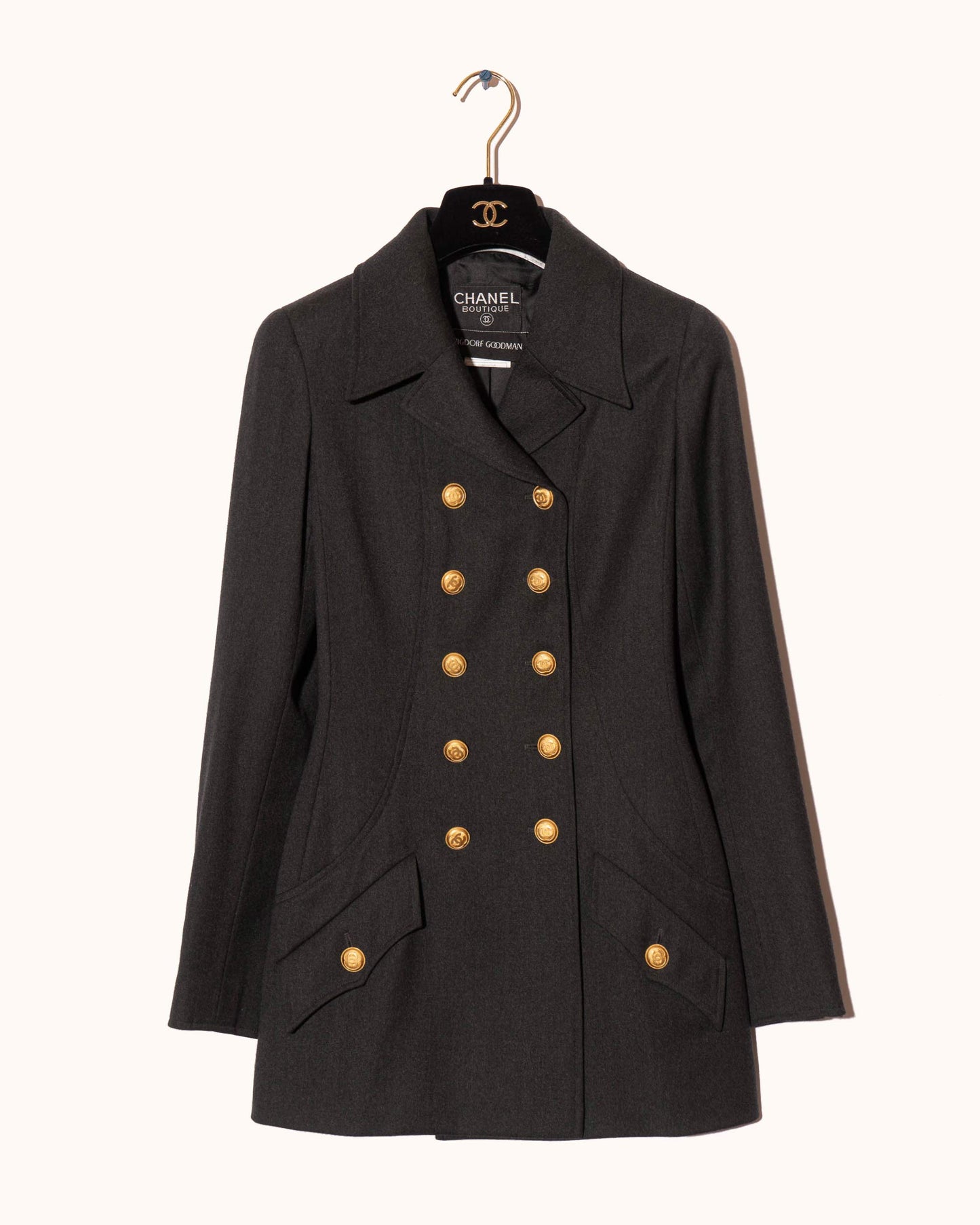 FR36-38 Rare Chanel Fall 1996 High Collar Two Pocket Doube Breasted Soft Wool Jacket - Vintage Chanel Jacket - - Rarchive.
