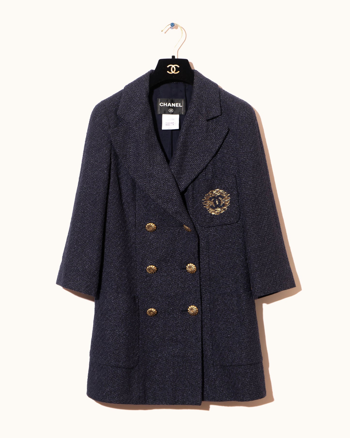 FR36-38 Chanel Spring 2012 Three Pocket Interlocking C Embroidered Logo Navy Tweed Double Breasted Jacket - Vintage Chanel Jacket - - Rarchive.
