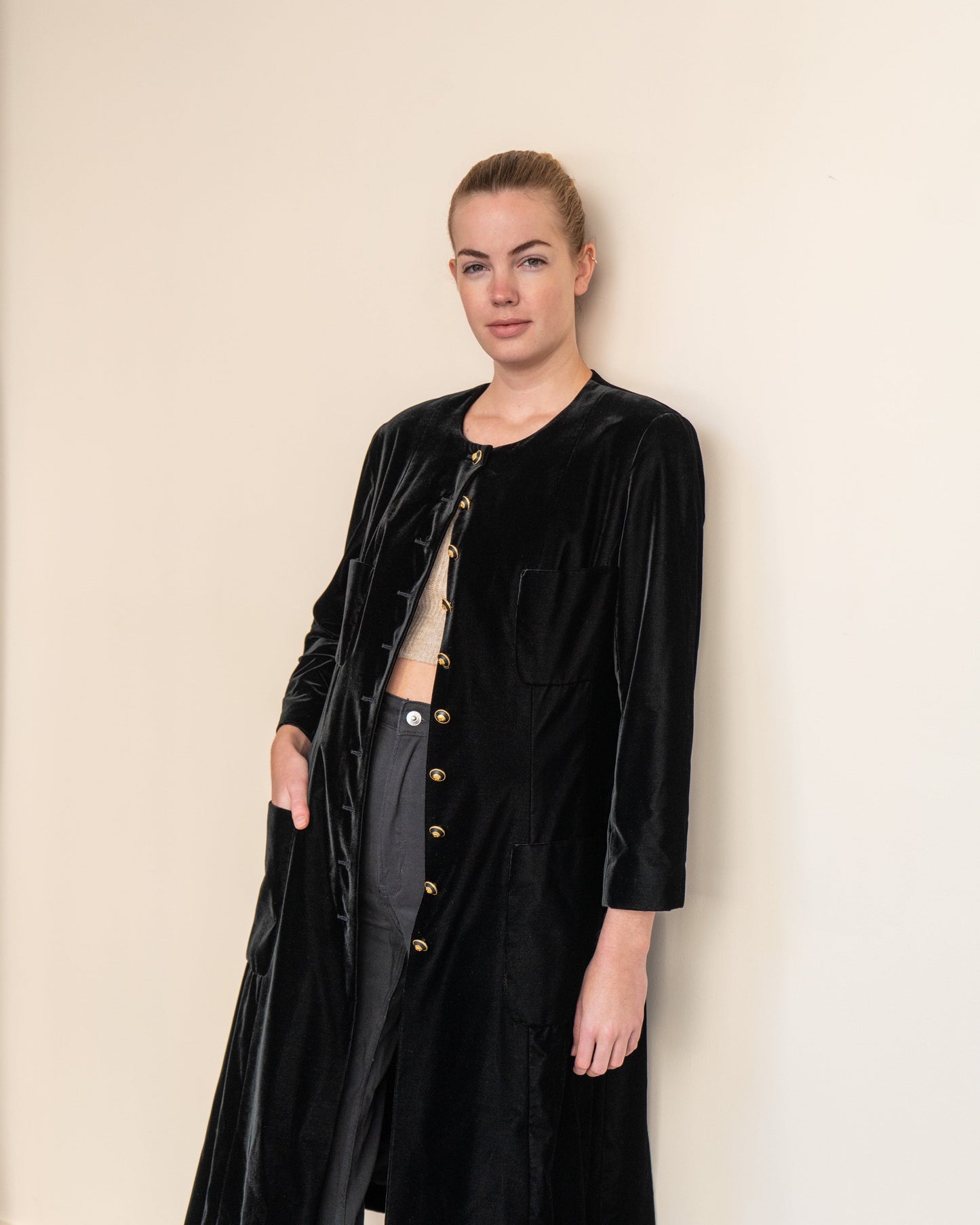 FR42-44 Rare Chanel Fall 1993 Collarless Four Pocket Black Velvet Coat - Vintage Chanel Jacket - - Rarchive.