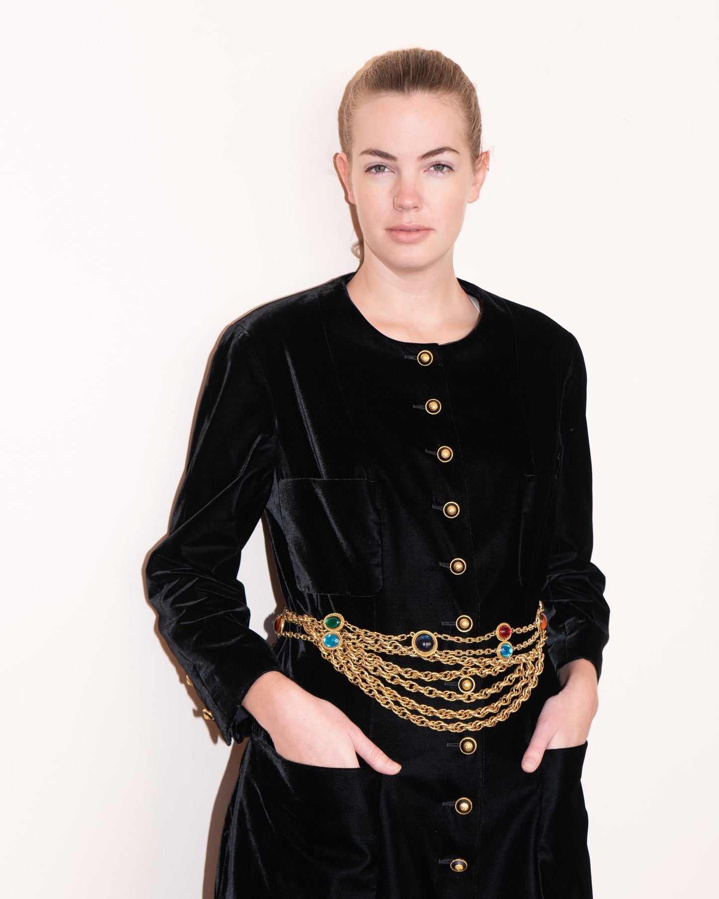 FR42-44 Rare Chanel Fall 1993 Collarless Four Pocket Black Velvet Coat - Vintage Chanel Jacket - - Rarchive.