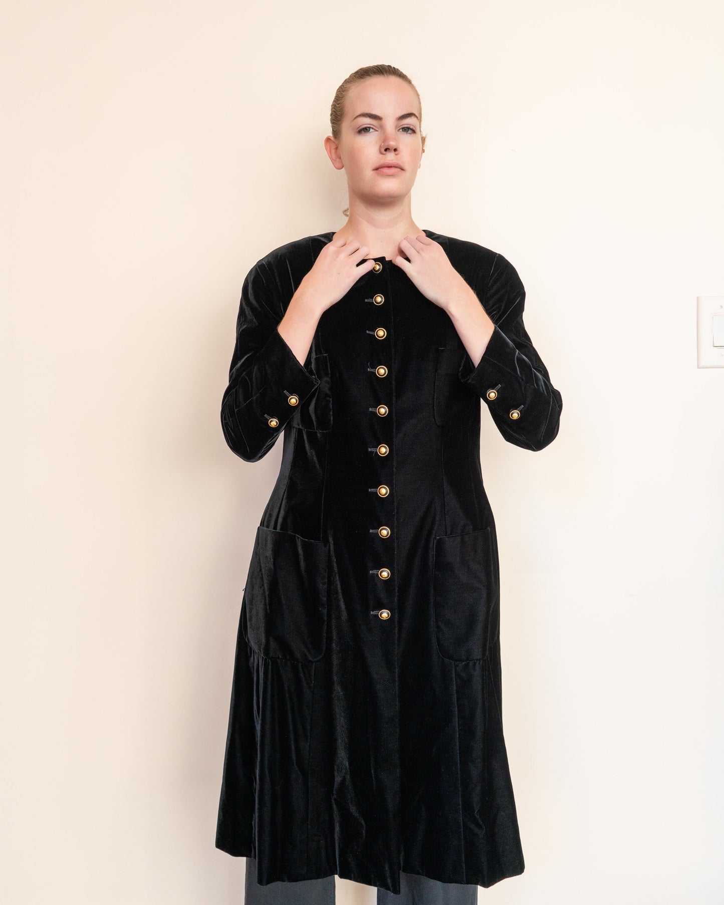 FR42-44 Rare Chanel Fall 1993 Collarless Four Pocket Black Velvet Coat - Vintage Chanel Jacket - - Rarchive.