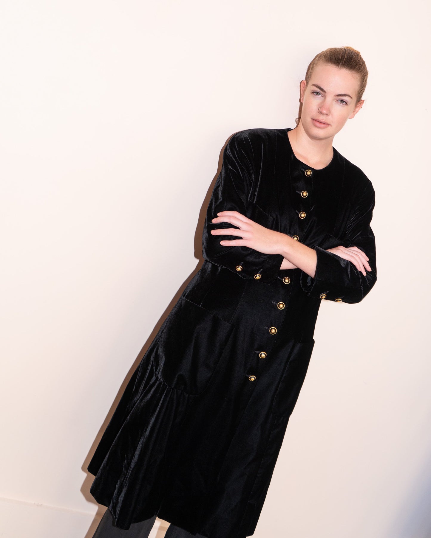FR42-44 Rare Chanel Fall 1993 Collarless Four Pocket Black Velvet Coat - Vintage Chanel Jacket - - Rarchive.