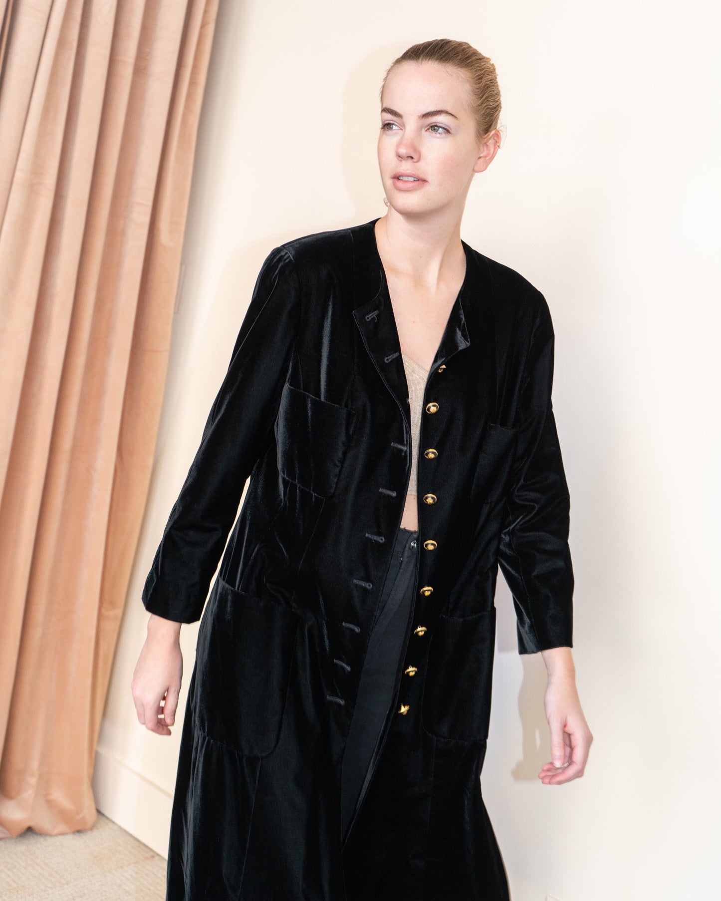 FR42-44 Rare Chanel Fall 1993 Collarless Four Pocket Black Velvet Coat - Vintage Chanel Jacket - - Rarchive.
