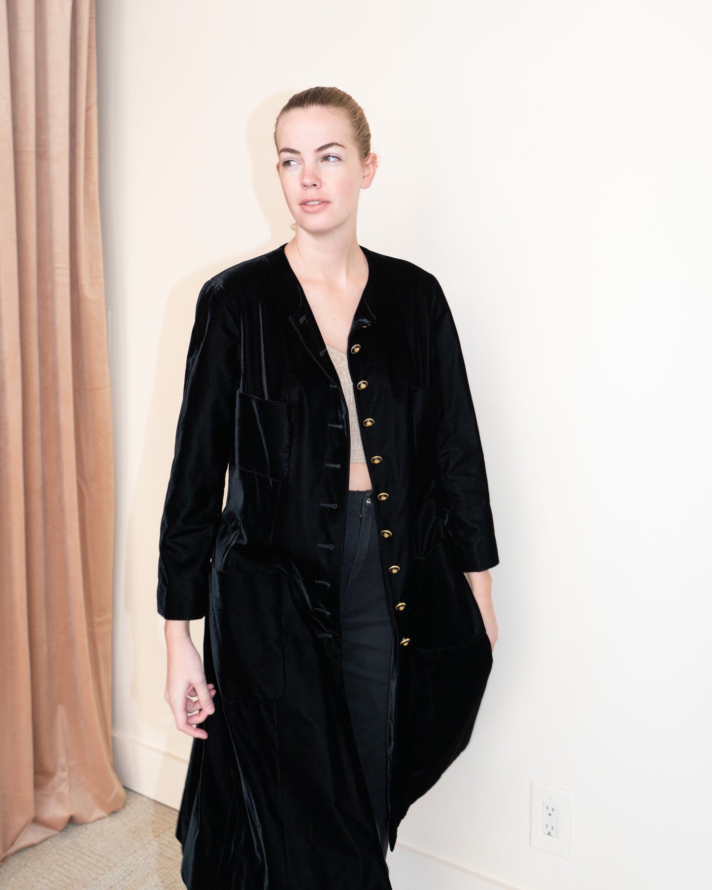 FR42-44 Rare Chanel Fall 1993 Collarless Four Pocket Black Velvet Coat - Vintage Chanel Jacket - - Rarchive.