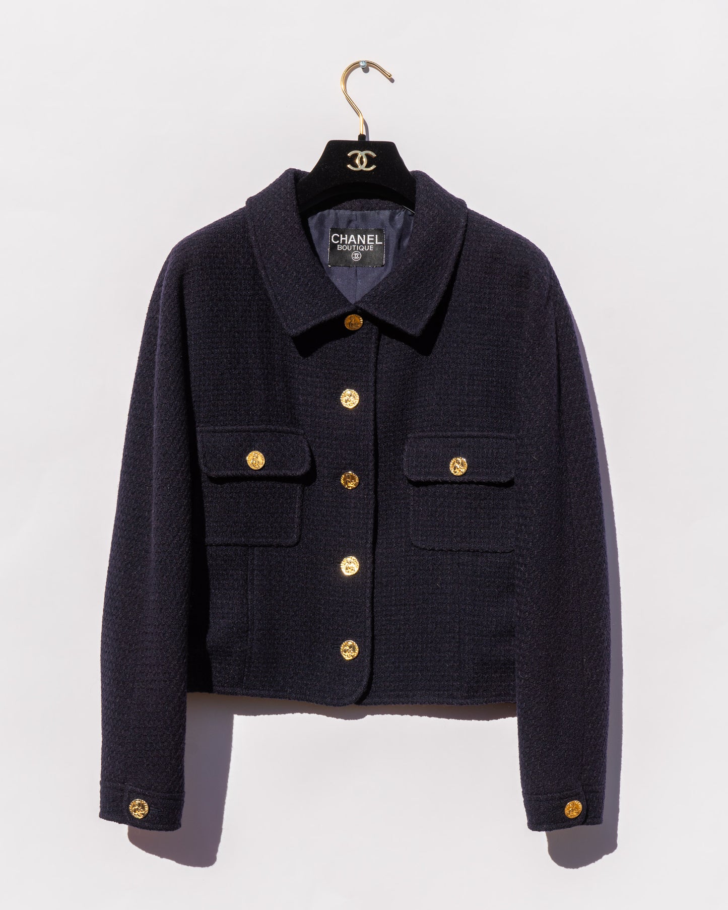 FR38-42 Chanel Spring 1988 Two Pocket Dark Navy Wool Tweed Jacket - Vintage Chanel Jacket - - Rarchive.