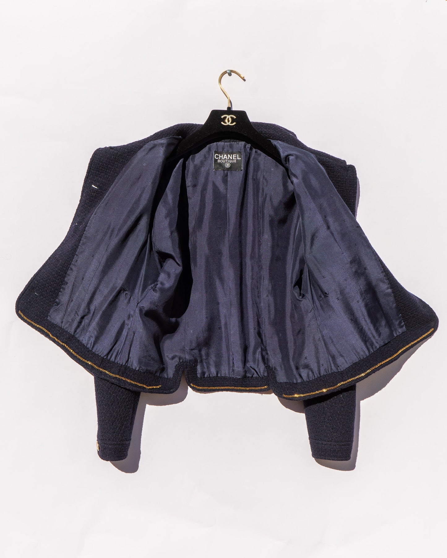 FR38-42 Chanel Spring 1988 Two Pocket Dark Navy Wool Tweed Jacket - Vintage Chanel Jacket - - Rarchive.