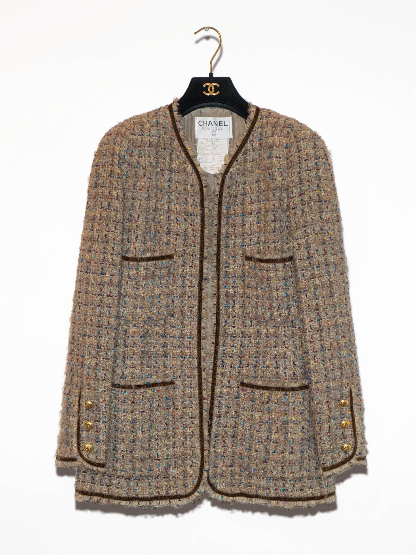 FR36-38 Rare Chanel Fall 1990 Four Pocket Collarless Fantasy Tweed Jacket - Vintage Chanel Jacket - - Rarchive.