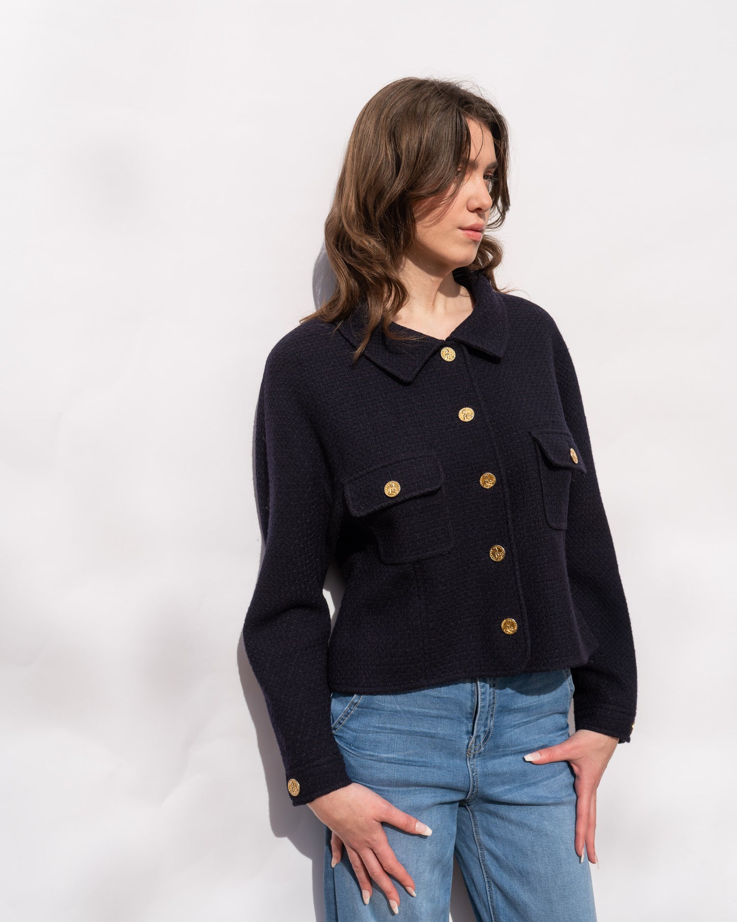 FR38-42 Chanel Spring 1988 Two Pocket Dark Navy Wool Tweed Jacket - Vintage Chanel Jacket - - Rarchive.