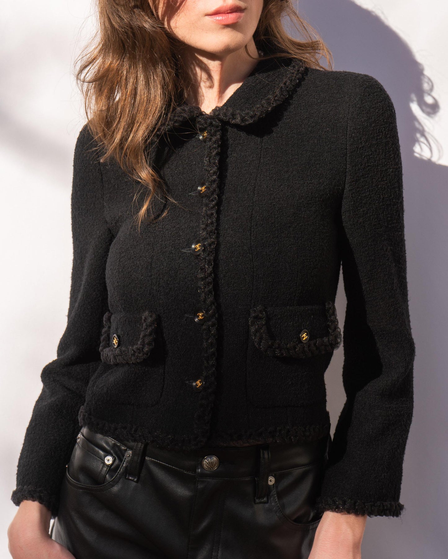 FR36-38 Rare Chanel Fall 1995 Two Pocket Black Tweed Boucle Jacket - Vintage Chanel Jacket - - Rarchive.