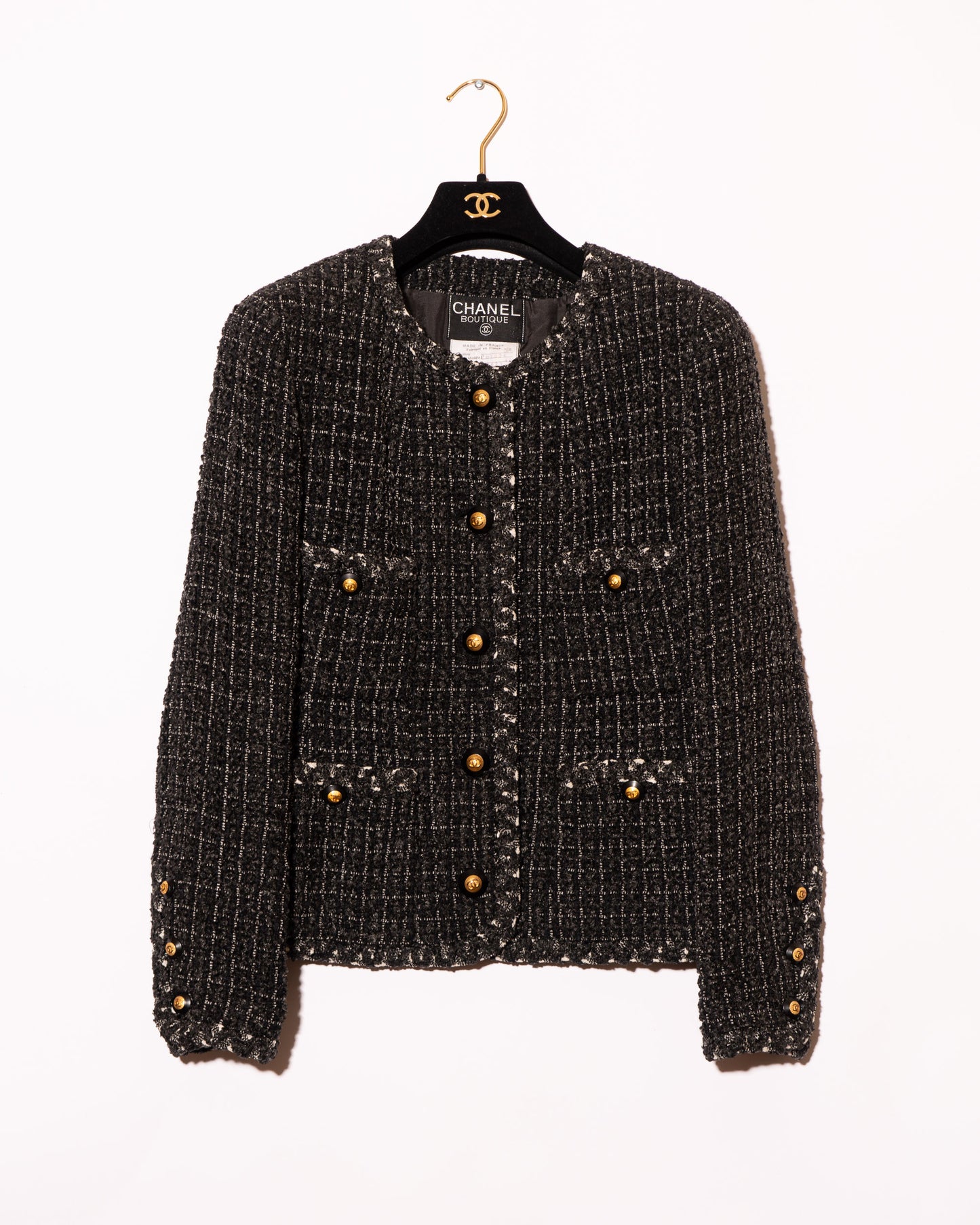 FR38-40 Rare Chanel Fall 1993 Classic Collarless Four Pocket Gray Wool Tweed Jacket - Vintage Chanel Jacket - - Rarchive.