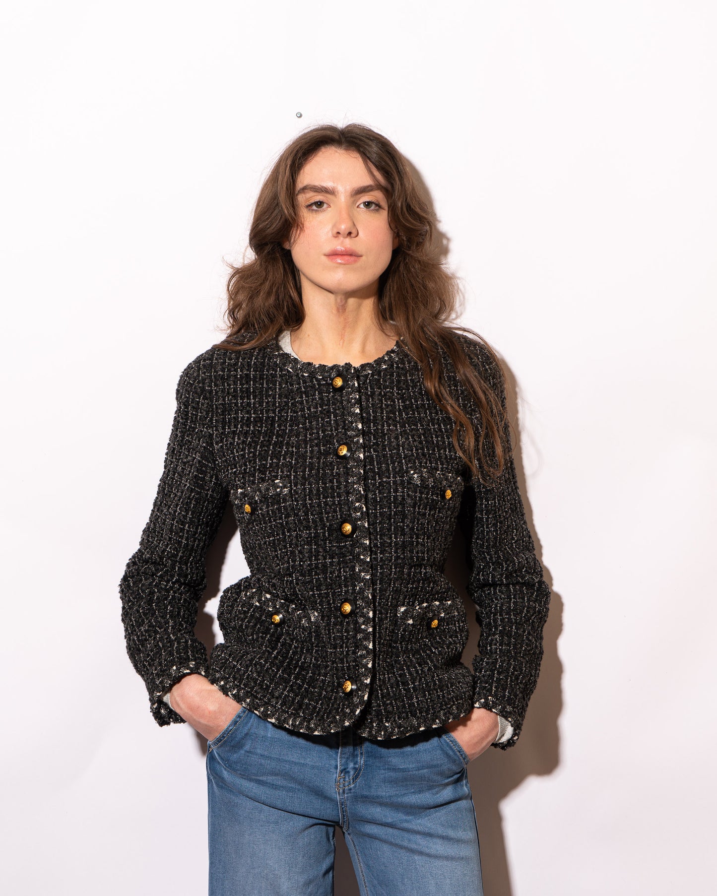 FR38-40 Rare Chanel Fall 1993 Classic Collarless Four Pocket Gray Wool Tweed Jacket - Vintage Chanel Jacket - - Rarchive.