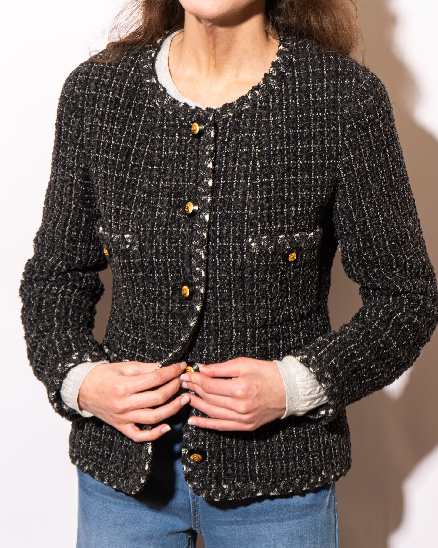 FR38-40 Rare Chanel Fall 1993 Classic Collarless Four Pocket Gray Wool Tweed Jacket - Vintage Chanel Jacket - - Rarchive.