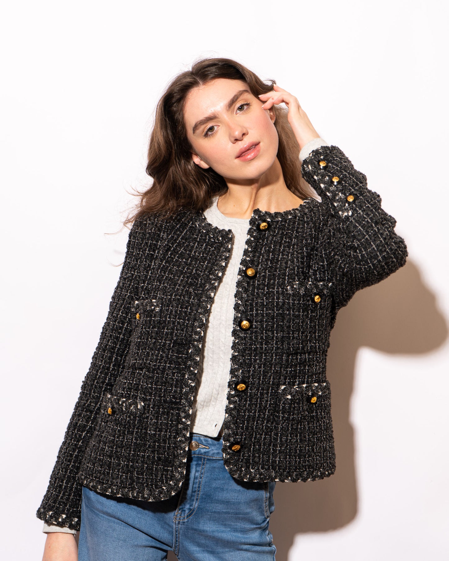 FR38-40 Rare Chanel Fall 1993 Classic Collarless Four Pocket Gray Wool Tweed Jacket - Vintage Chanel Jacket - - Rarchive.