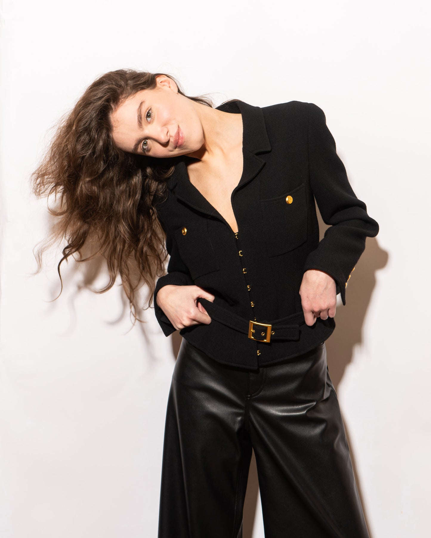 FR38-40 Chanel Fall 1996 Collarless Two-Pocketed Belted Jacket in Black Tweed - Vintage Chanel Jacket -   - Rarchive.