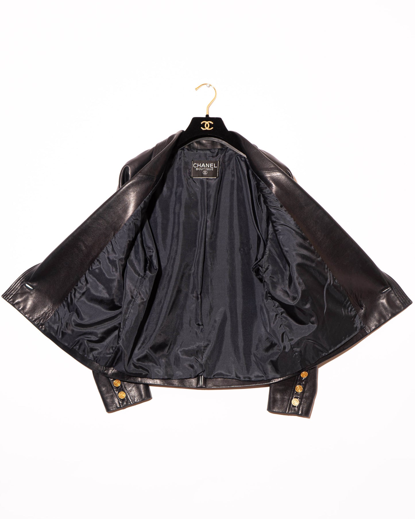 FR38-42 Chanel 1980s Double Breasted Four Pocket Black Leather Jacket - Vintage Chanel Jacket - - Rarchive.