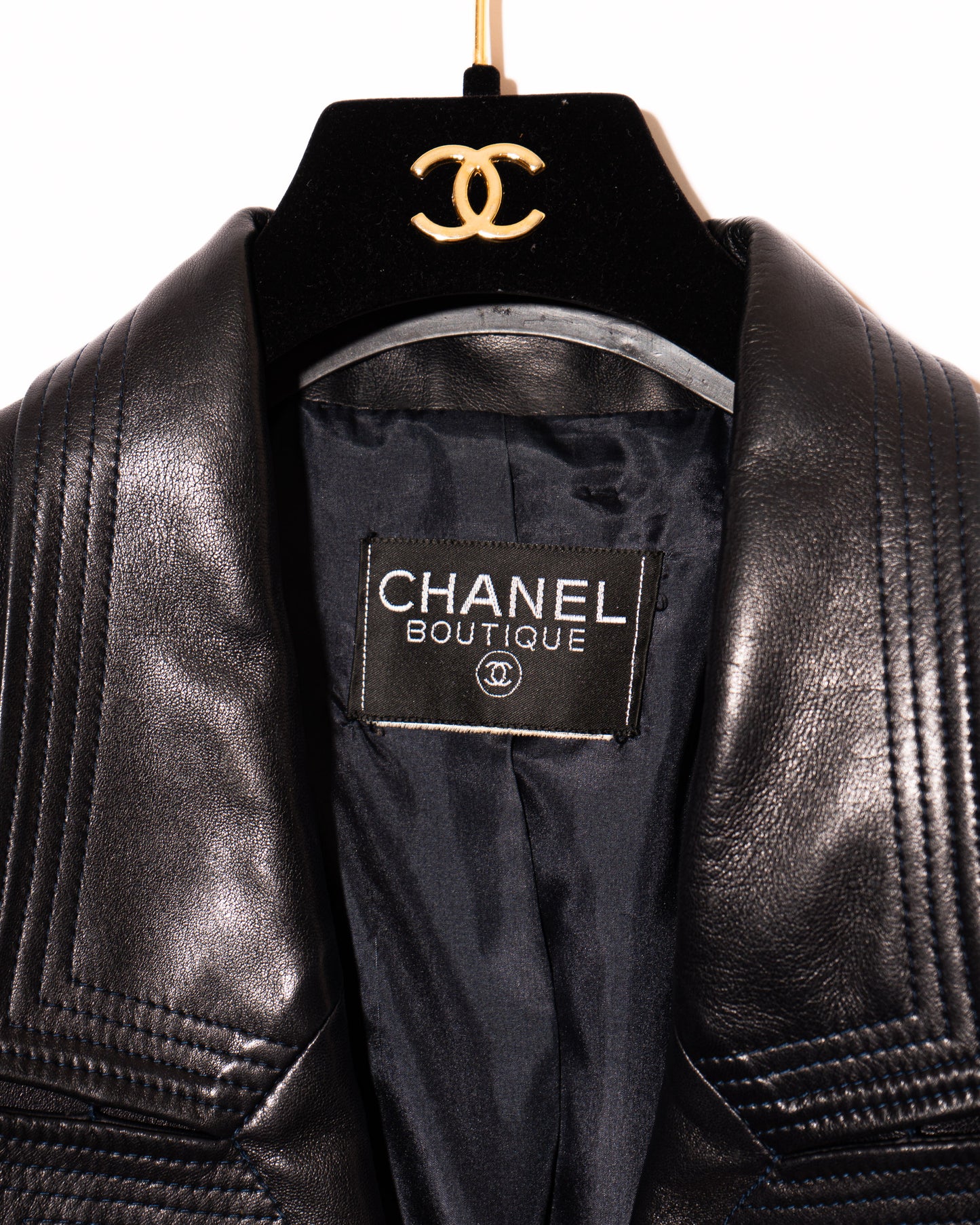 FR38-42 Chanel 1980s Double Breasted Four Pocket Black Leather Jacket - Vintage Chanel Jacket - - Rarchive.