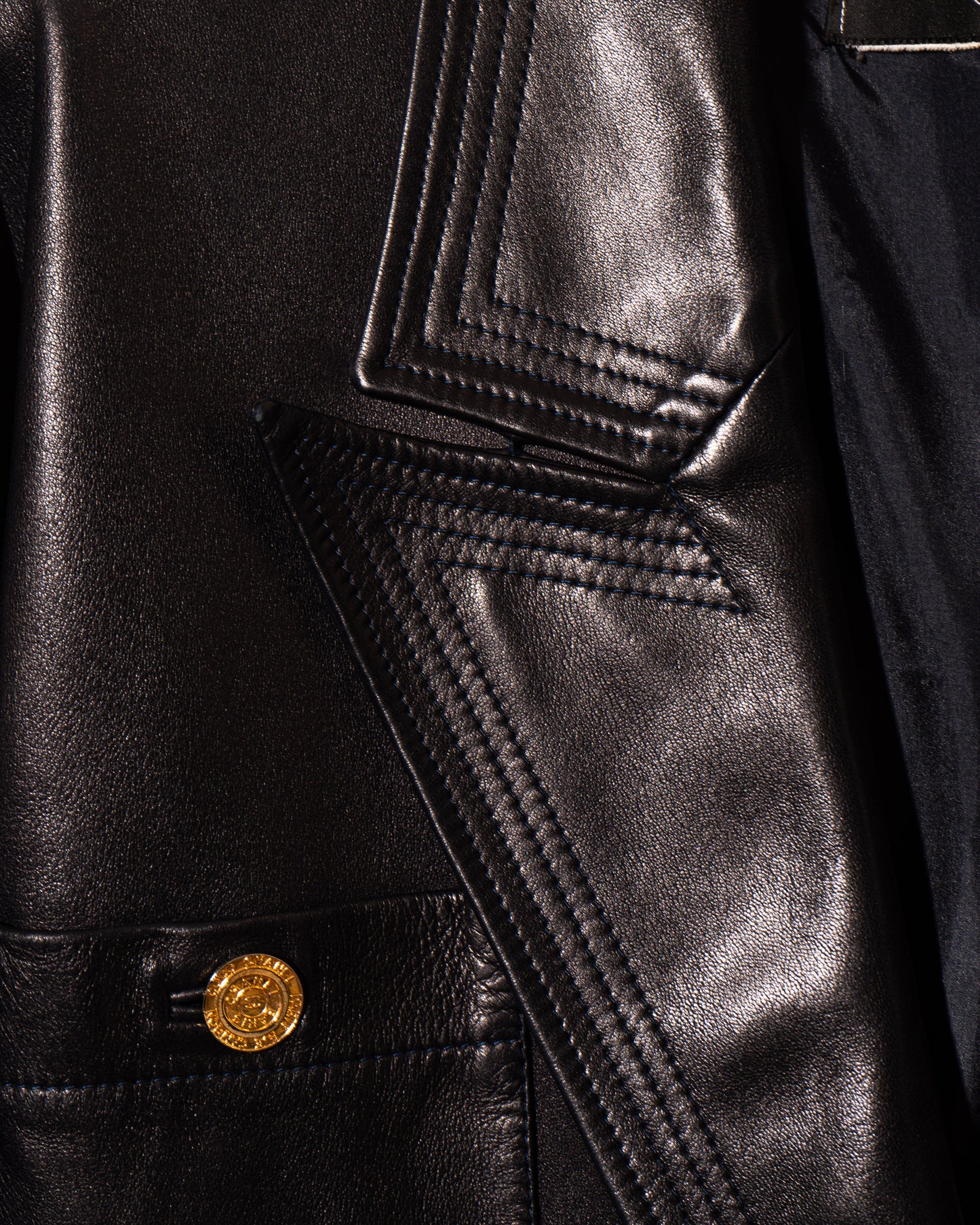 FR38-42 Chanel 1980s Double Breasted Four Pocket Black Leather Jacket - Vintage Chanel Jacket - - Rarchive.
