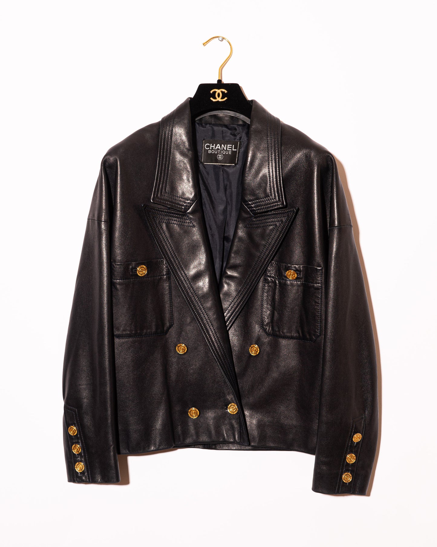 FR38-42 Chanel 1980s Double Breasted Four Pocket Black Leather Jacket - Vintage Chanel Jacket - - Rarchive.
