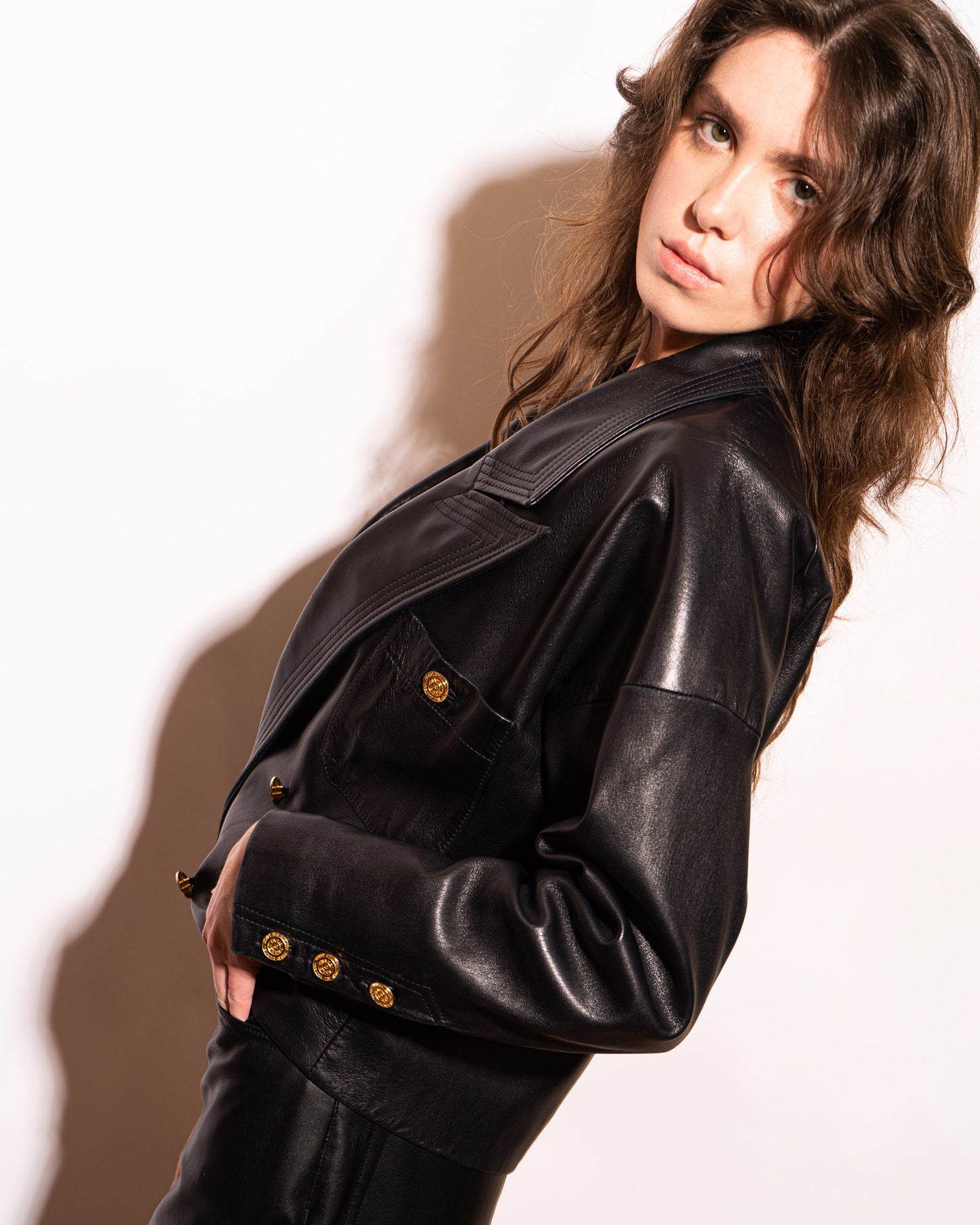 FR38-42 Chanel 1980s Double Breasted Four Pocket Black Leather Jacket - Vintage Chanel Jacket - - Rarchive.