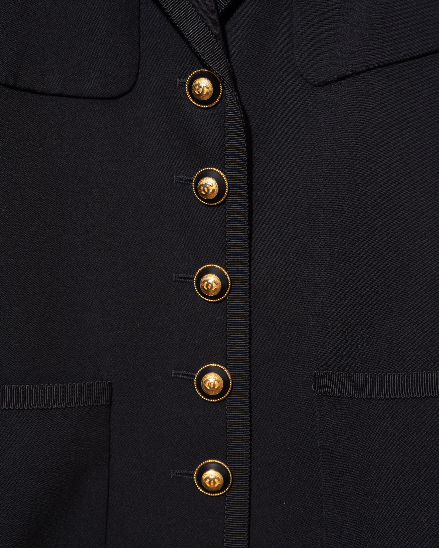 FR44-46 Rare Chanel Fall 1993 Four Pocket Grosgrain Ribbon Trim Black Jacket - Vintage Chanel Jacket -   - Rarchive.