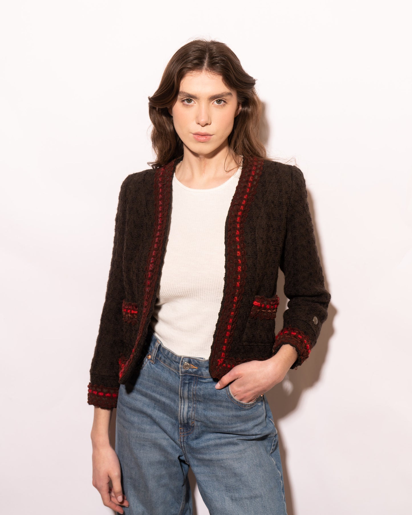 FR36-38 Chanel Fall 1997 Two Pocket Collarless Brown Wool Tweed Jacket - Vintage Chanel Jacket - - Rarchive.