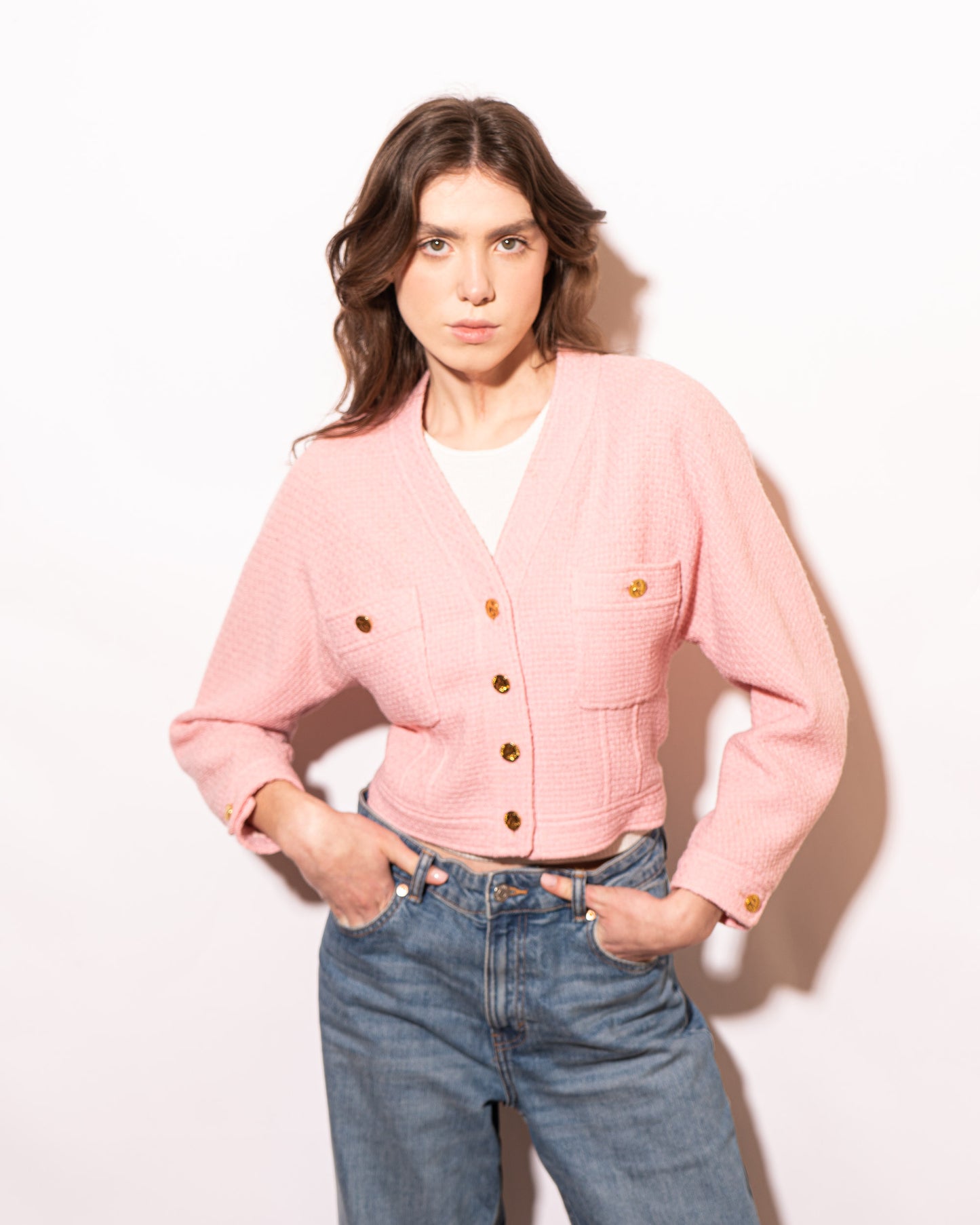 FR36-38 Rare Chanel Spring 1988 Collarless Two Pocket Pink Wool Tweed Jacket - Vintage Chanel Jacket - - Rarchive.