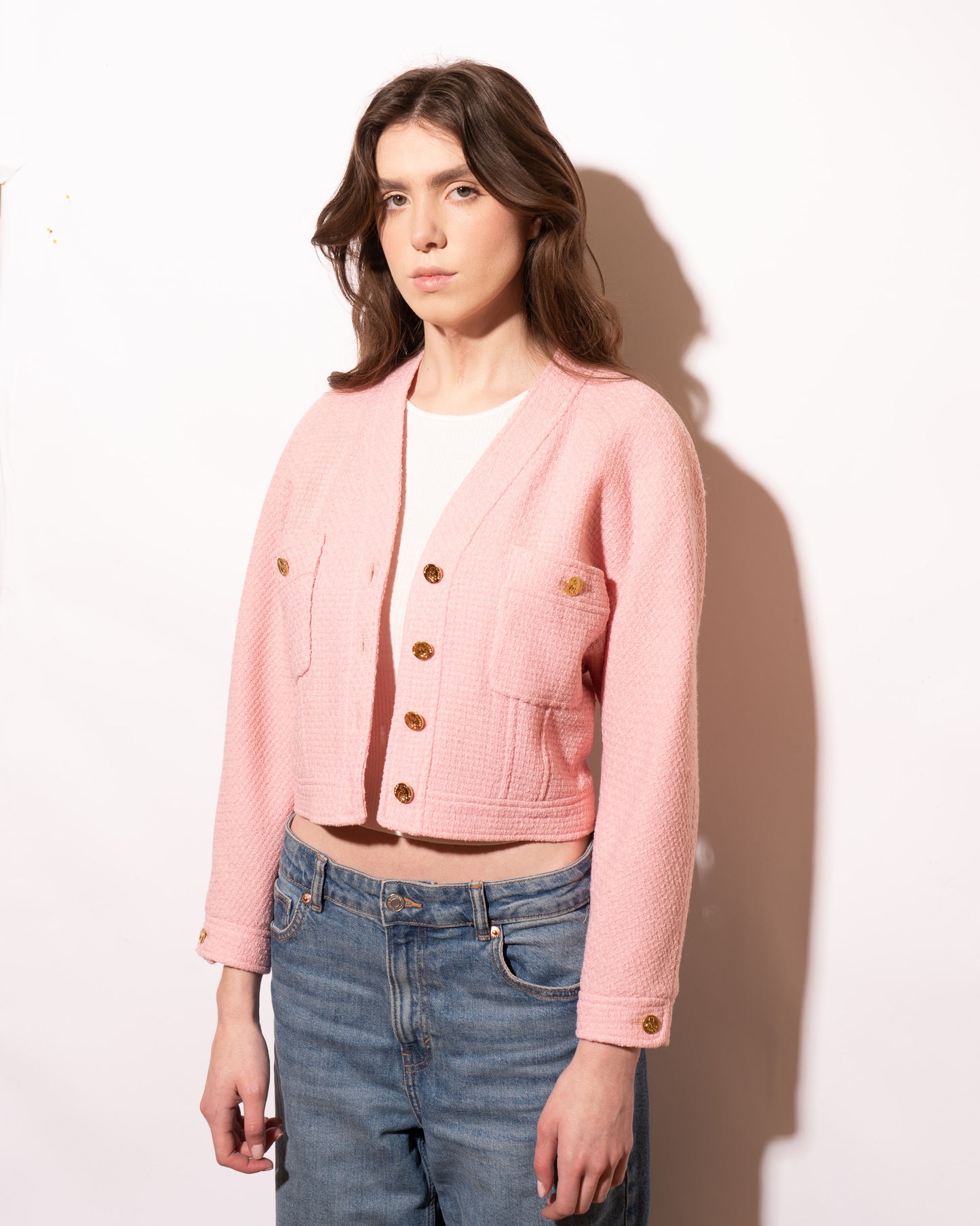 FR36-38 Rare Chanel Spring 1988 Collarless Two Pocket Pink Wool Tweed Jacket - Vintage Chanel Jacket - - Rarchive.