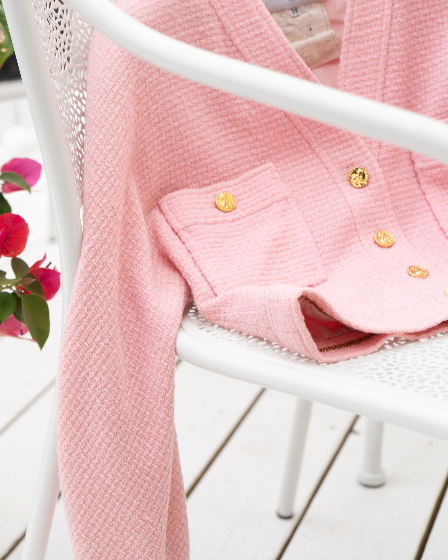 FR36-38 Rare Chanel Spring 1988 Collarless Two Pocket Pink Wool Tweed Jacket - Vintage Chanel Jacket - - Rarchive.