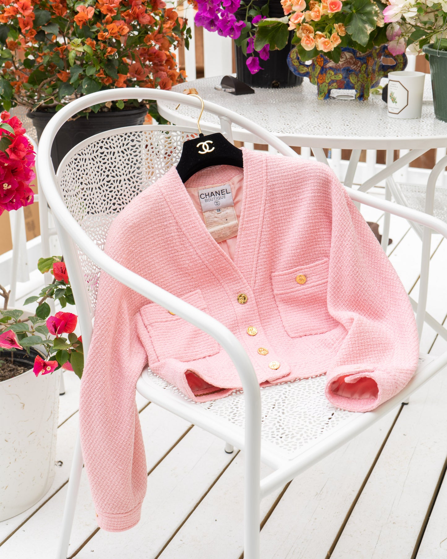 FR36-38 Rare Chanel Spring 1988 Collarless Two Pocket Pink Wool Tweed Jacket - Vintage Chanel Jacket - - Rarchive.