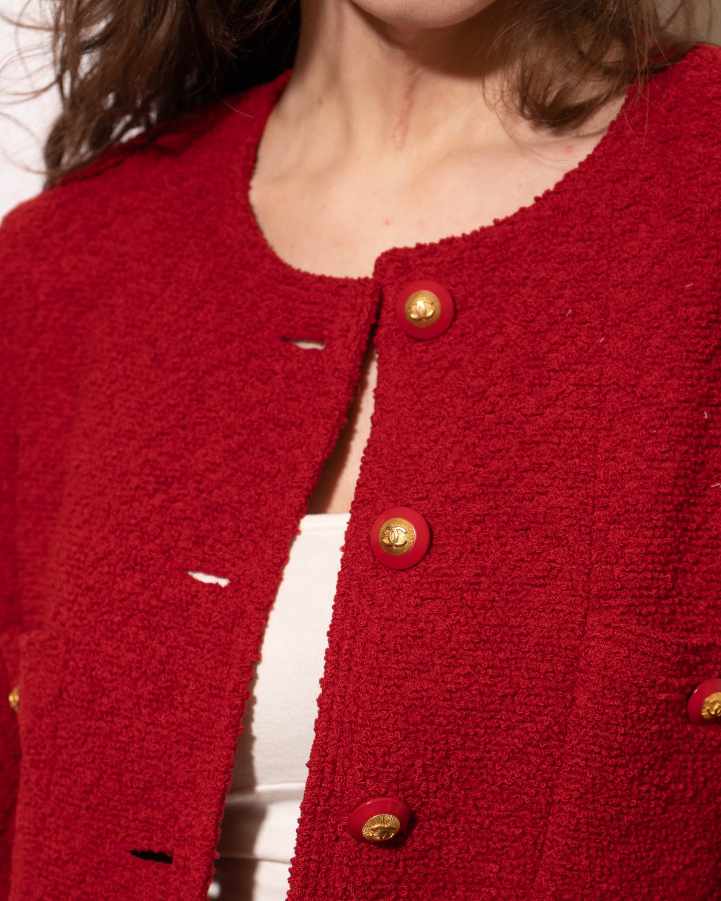 FR38-40 Rare Chanel Fall 1993 Classic Four Pocket Collarless Cut Red Tweed Boucle Jacket - Vintage Chanel Jacket - - Rarchive.