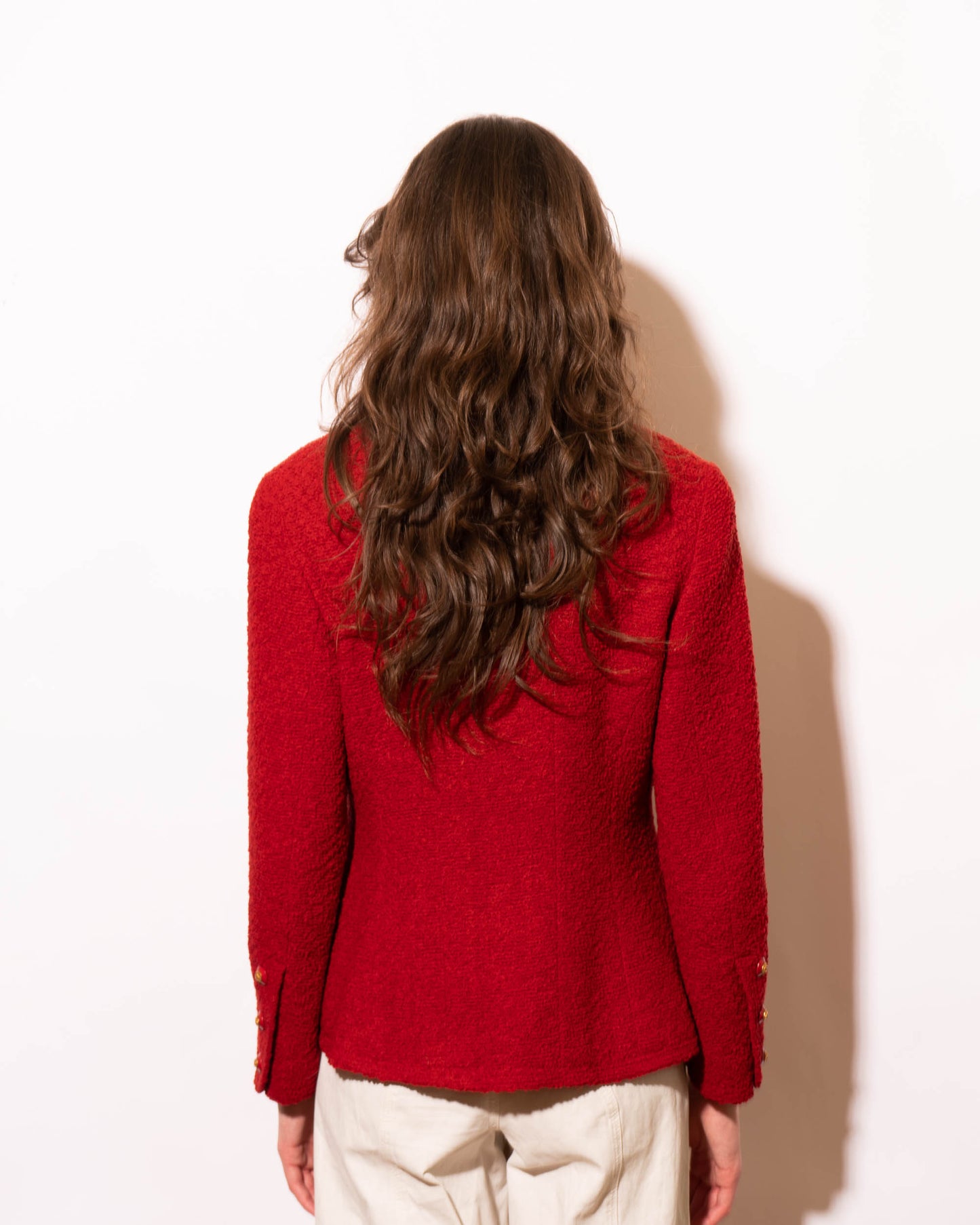 FR38-40 Rare Chanel Fall 1993 Classic Four Pocket Collarless Cut Red Tweed Boucle Jacket - Vintage Chanel Jacket - - Rarchive.