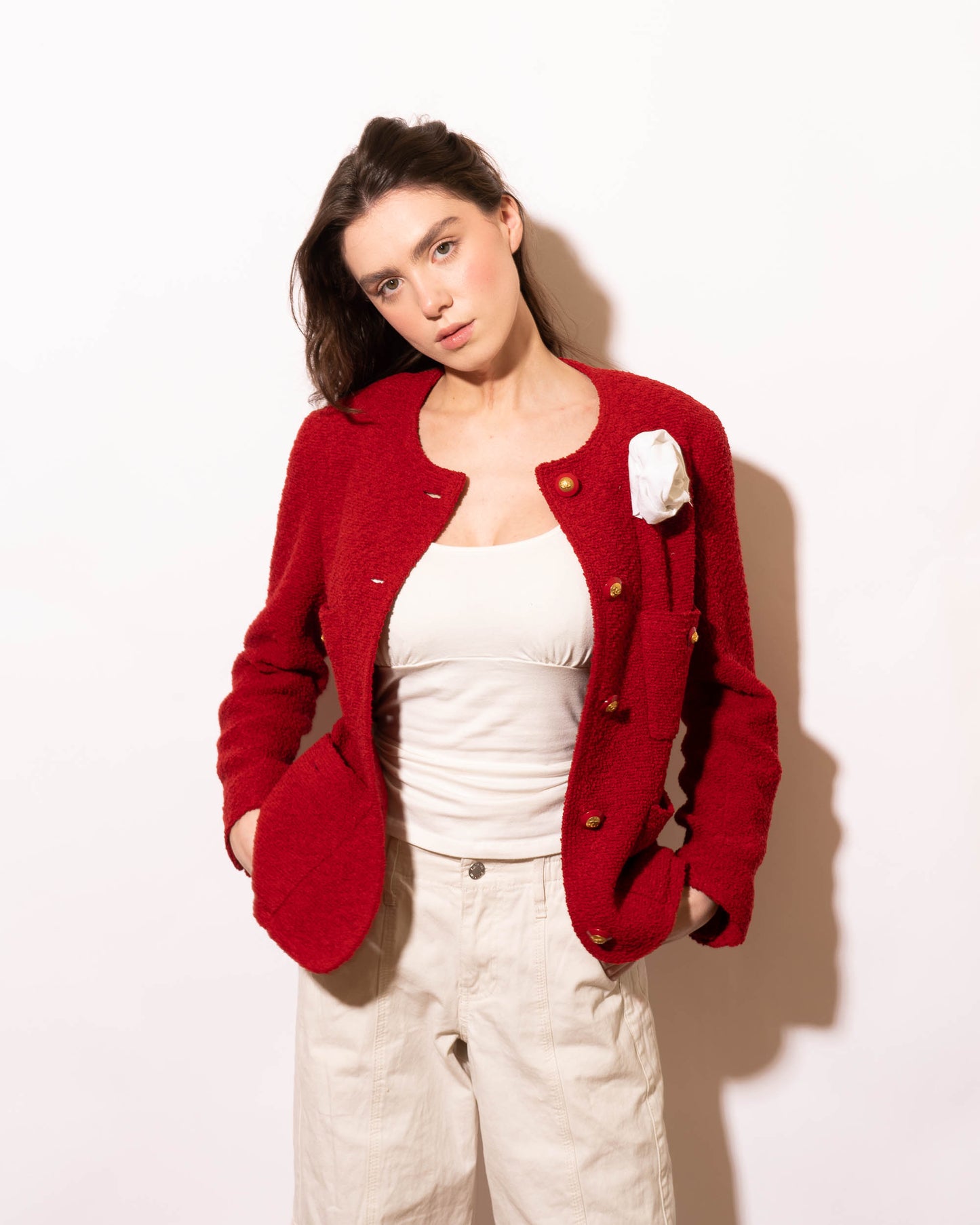 FR38-40 Rare Chanel Fall 1993 Classic Four Pocket Collarless Cut Red Tweed Boucle Jacket - Vintage Chanel Jacket - - Rarchive.