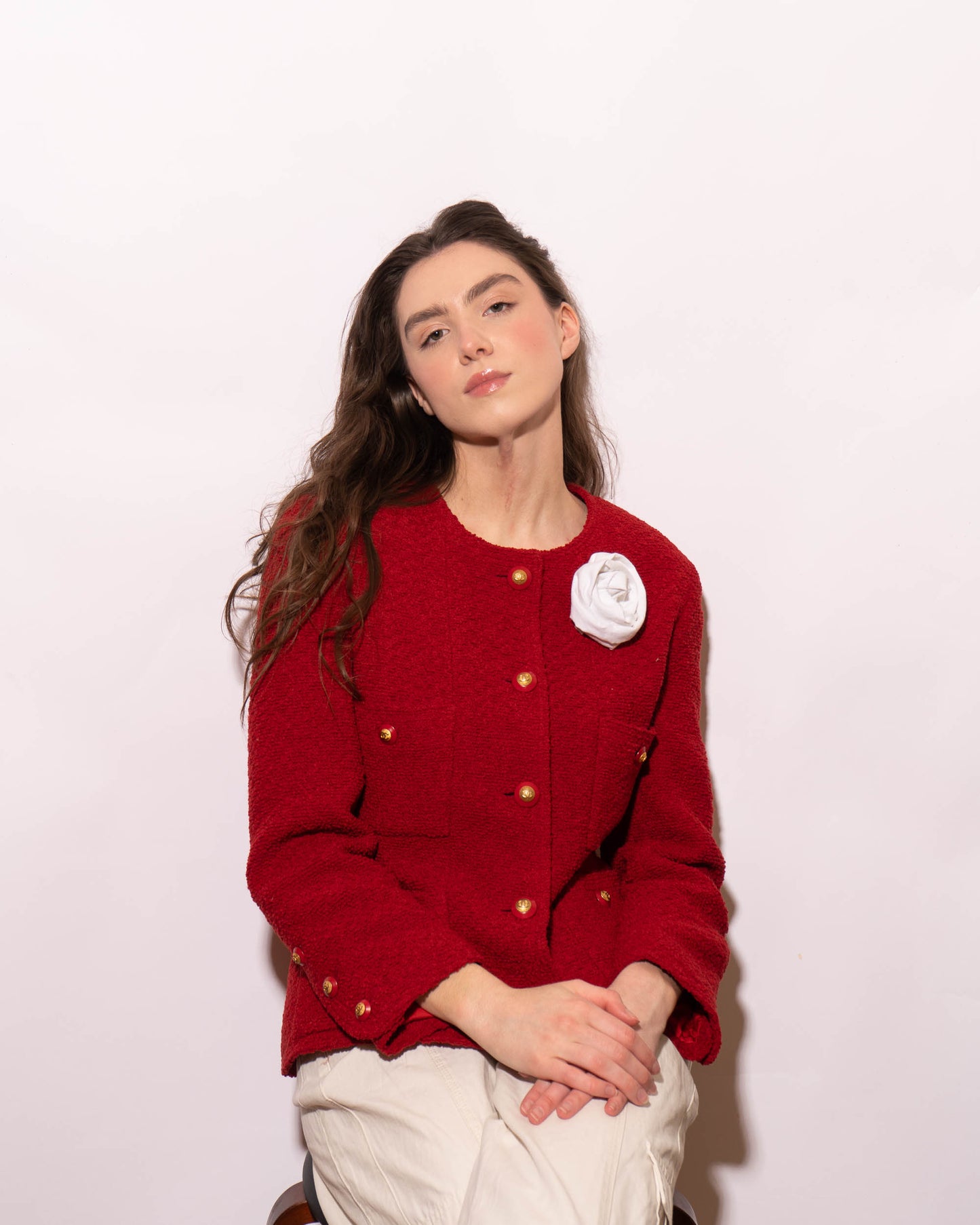 FR38-40 Rare Chanel Fall 1993 Classic Four Pocket Collarless Cut Red Tweed Boucle Jacket - Vintage Chanel Jacket - - Rarchive.