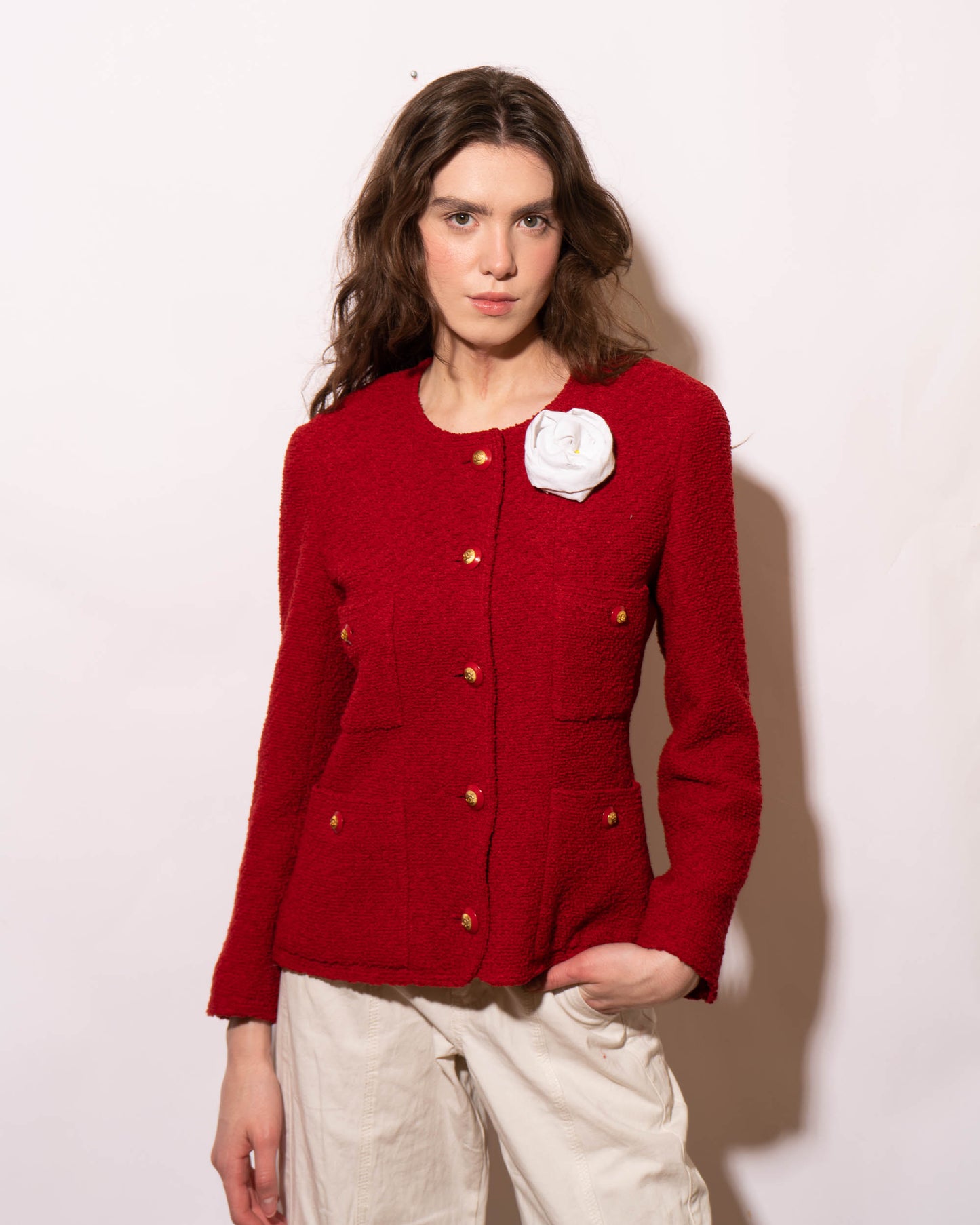 FR38-40 Rare Chanel Fall 1993 Classic Four Pocket Collarless Cut Red Tweed Boucle Jacket - Vintage Chanel Jacket - - Rarchive.