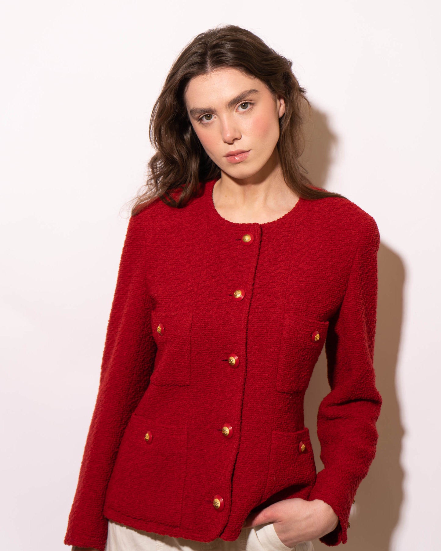 FR38-40 Rare Chanel Fall 1993 Classic Four Pocket Collarless Cut Red Tweed Boucle Jacket - Vintage Chanel Jacket - - Rarchive.