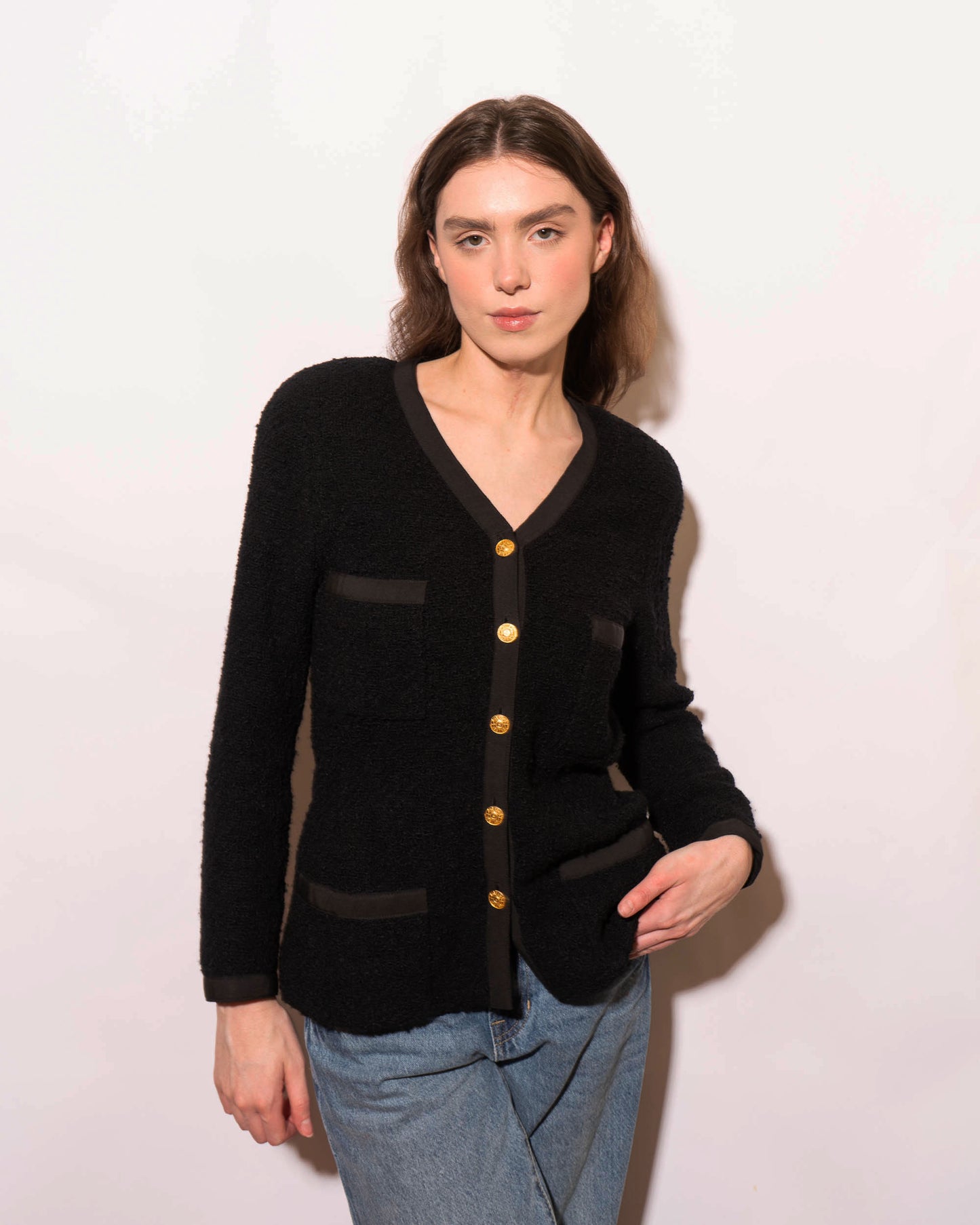 FR36-38 Rare Chanel Fall 1989 Four Pocket Gold Tone Buttons Collarless Black Tweed Jacket - Vintage Chanel Jacket -   - Rarchive.