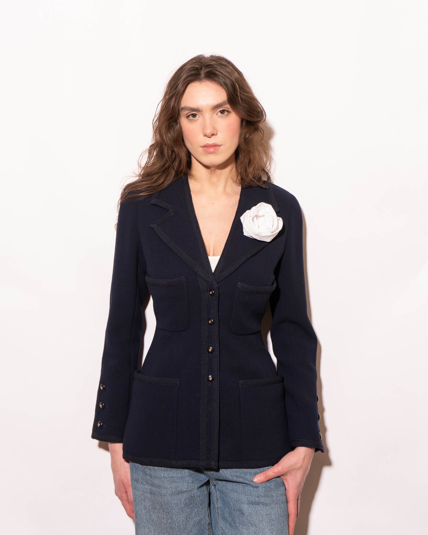 FR34-36 Chanel Fall 1995 Classic Four Pocket Fitted Cut Dark Navy Jacket - Vintage Chanel Jacket - - Rarchive.
