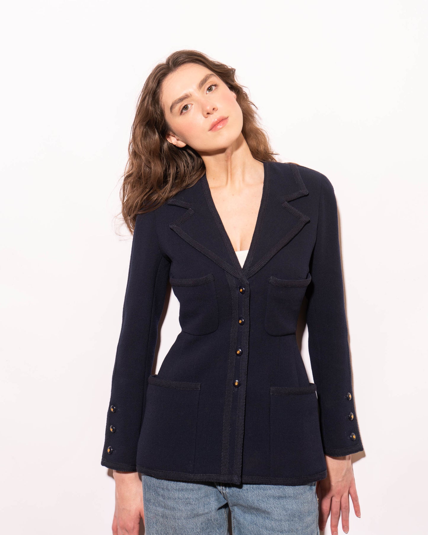 FR34-36 Chanel Fall 1995 Classic Four Pocket Fitted Cut Dark Navy Jacket - Vintage Chanel Jacket - - Rarchive.