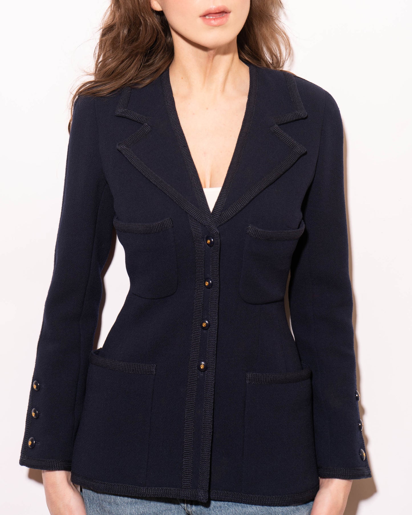 FR34-36 Chanel Fall 1995 Classic Four Pocket Fitted Cut Dark Navy Jacket - Vintage Chanel Jacket -   - Rarchive.