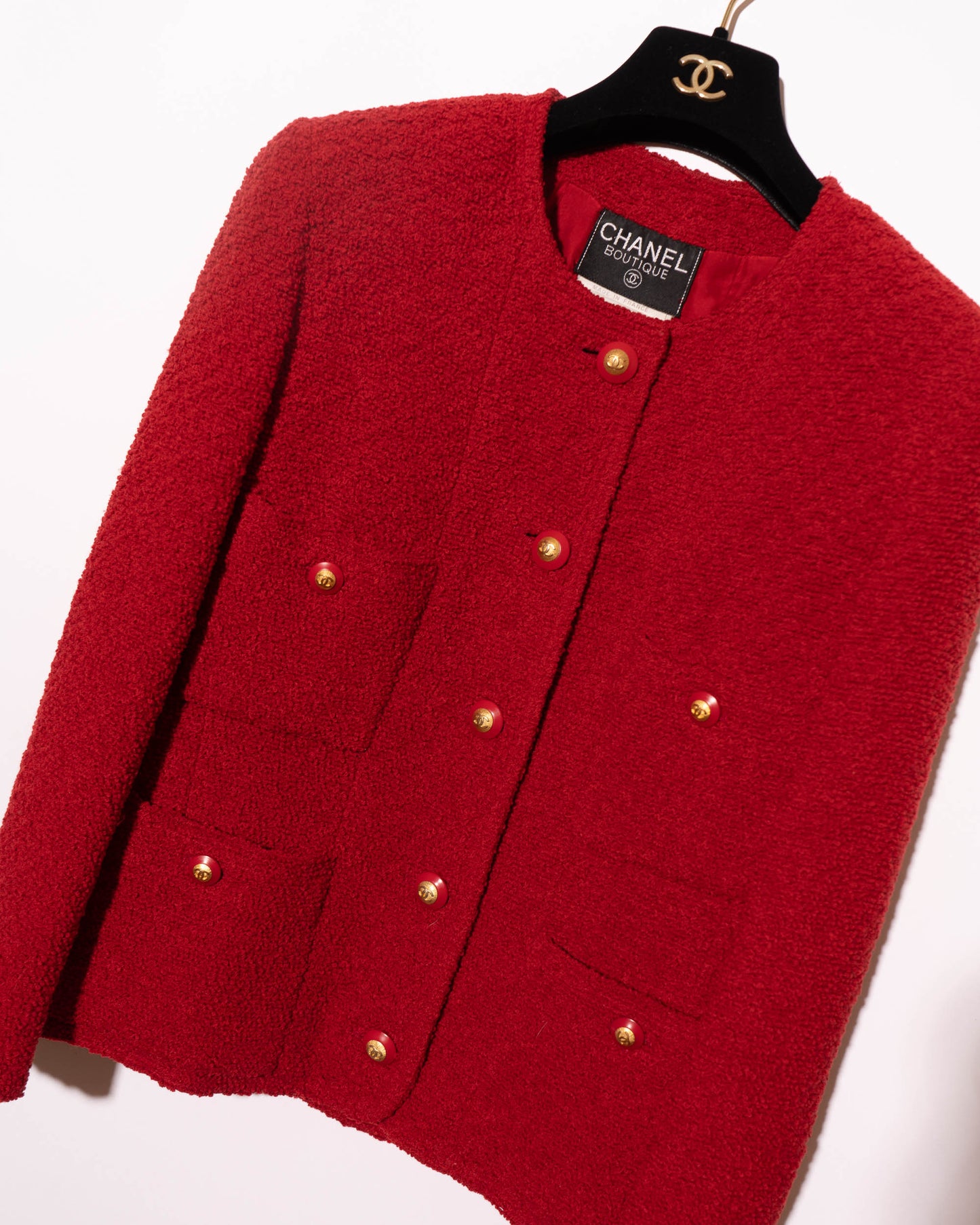 FR38-40 Rare Chanel Fall 1993 Classic Four Pocket Collarless Cut Red Tweed Boucle Jacket - Vintage Chanel Jacket - - Rarchive.