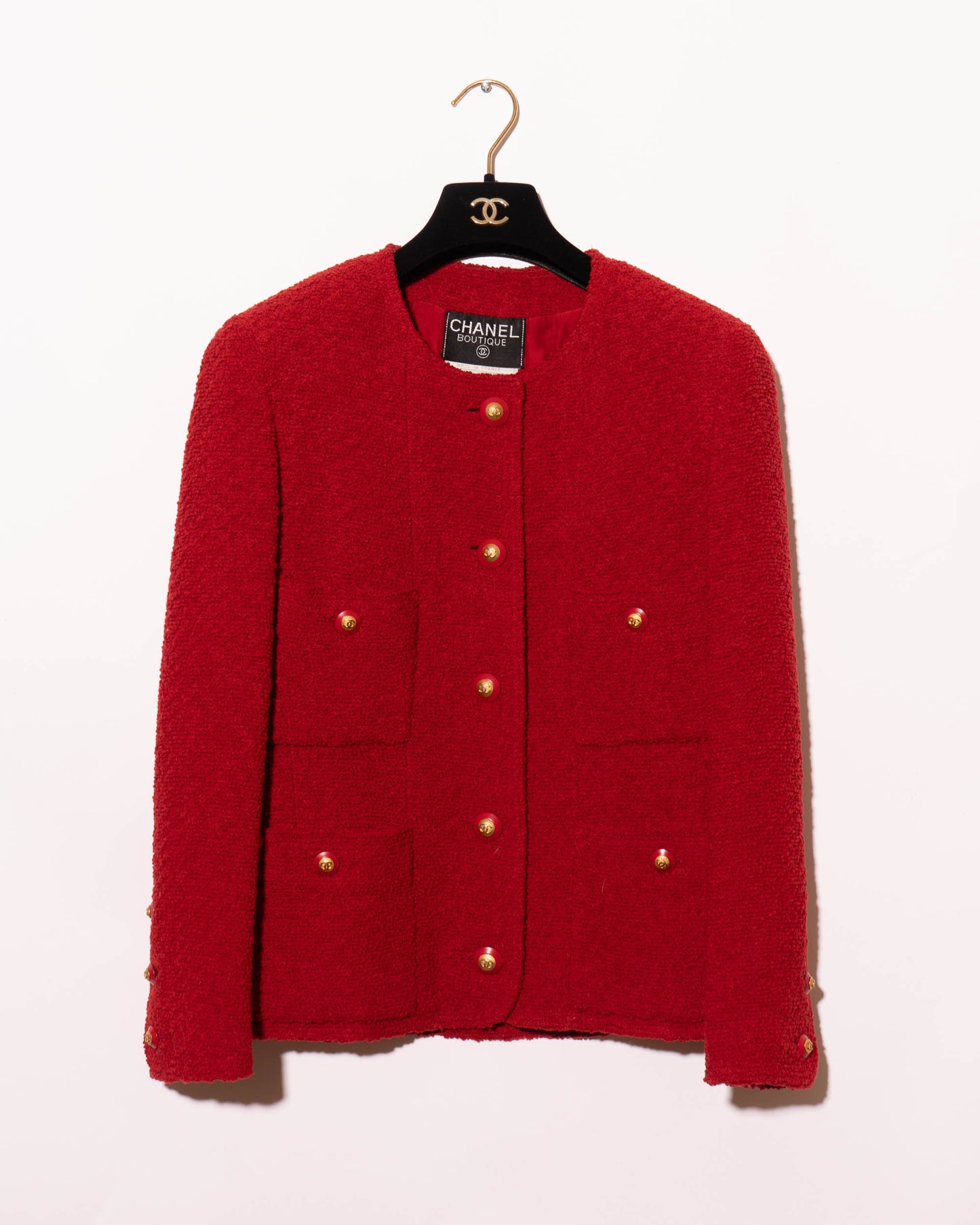 FR38-40 Rare Chanel Fall 1993 Classic Four Pocket Collarless Cut Red Tweed Boucle Jacket - Vintage Chanel Jacket - - Rarchive.