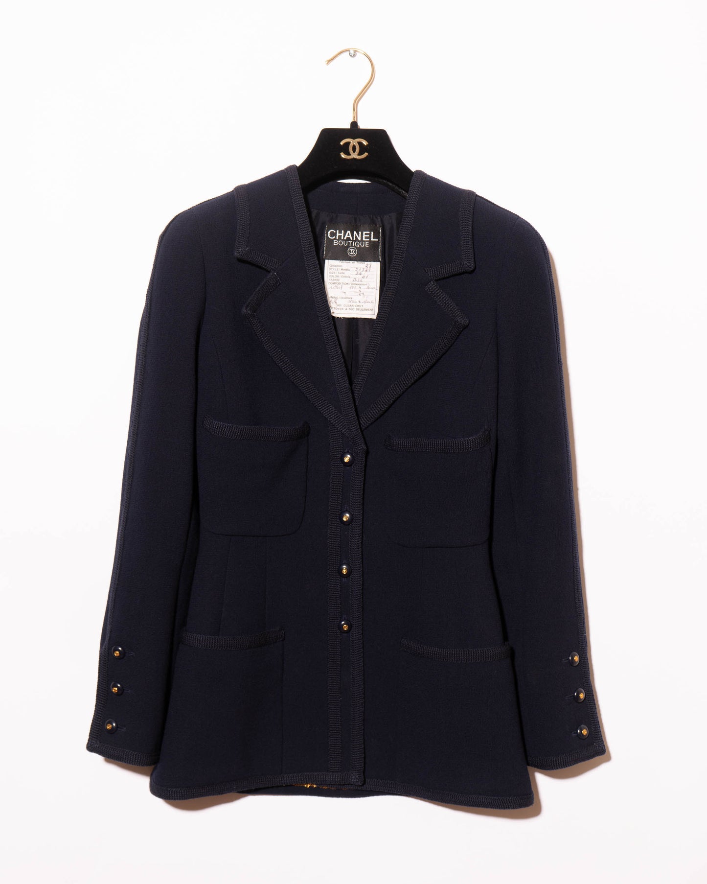 FR34-36 Chanel Fall 1995 Classic Four Pocket Fitted Cut Dark Navy Jacket - Vintage Chanel Jacket - - Rarchive.