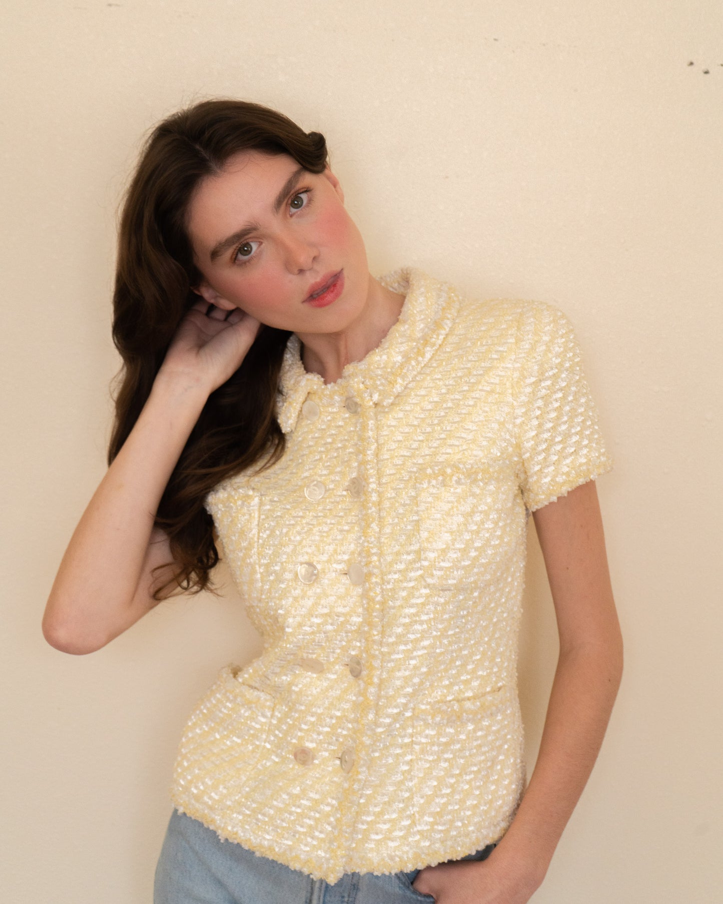 FR36-38 Rare Chanel Cruise 1996 Double Breasted Short Sleeve Four Pocket Yellow and White Fantasy Tweed Jacket - Vintage Chanel Jacket - - Rarchive.